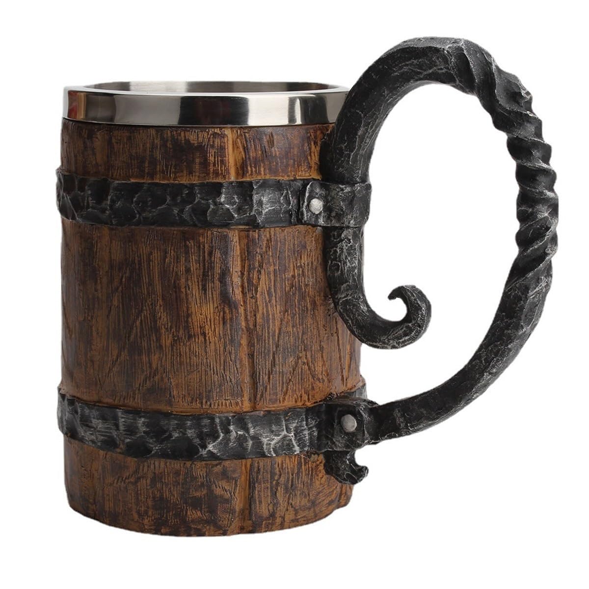 Vintage Faux Handmade Wooden Beer Barrel Mug,Drinkware Mug with Handle,Resin Bucket for Men Coffee Beverage Juice,Stainless Steel Liner Beer Stein Vintage Tankard Unique Gift
