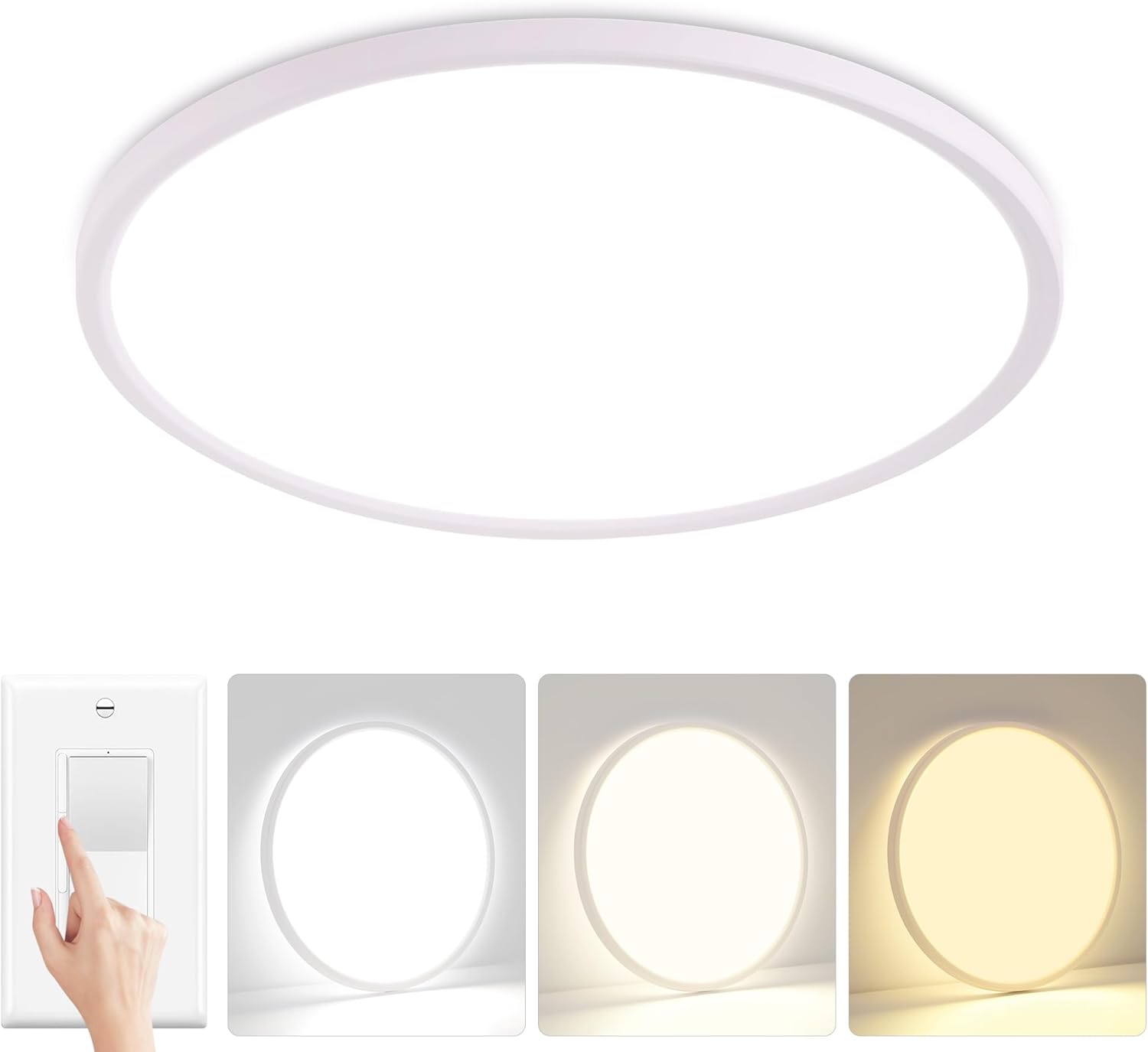 15'' Led Flush Mount Ceiling Light Fixture, 32W 3200LM, Dimmable & 3000K/4000K/6500K Selectable, Modern White Ceiling Lamp for Bedroom, Kitchen, Home Office, Hallway, Wired White 15 inch