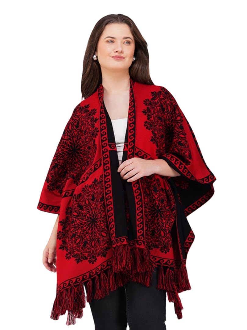 joe hazel Women Winter Warm Woolen Poncho – Black Floral Design-picture-39