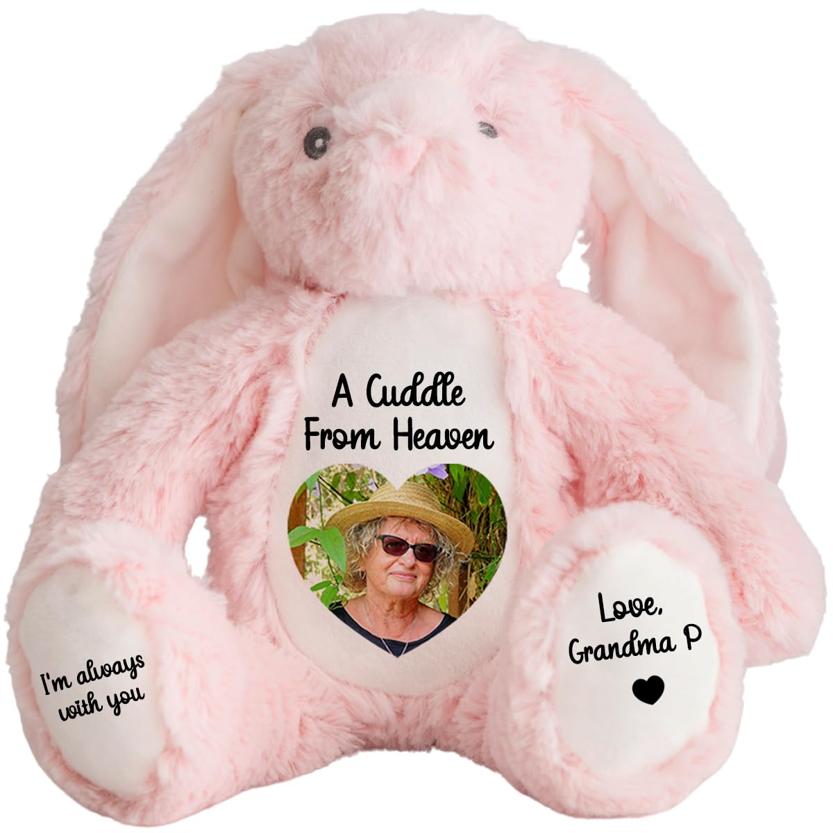 Personalised Memory Teddy Bear with Heart-Shaped Photo – “A Cuddle From Heaven” Keepsake Gift – 28 Bear Styles – Add Your Text & Choose Colour – Custom Memorial Bear (Pink Bunny)
