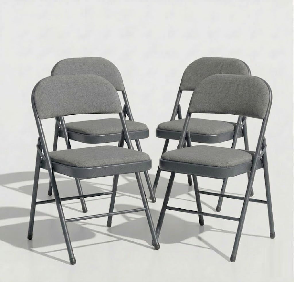SuperGift.com 4x Grey Fabric Padded Folding Chair with Backrest, Heavy Duty Steel Frame Foldable Chair for Home, Garden, Office and Desk Use