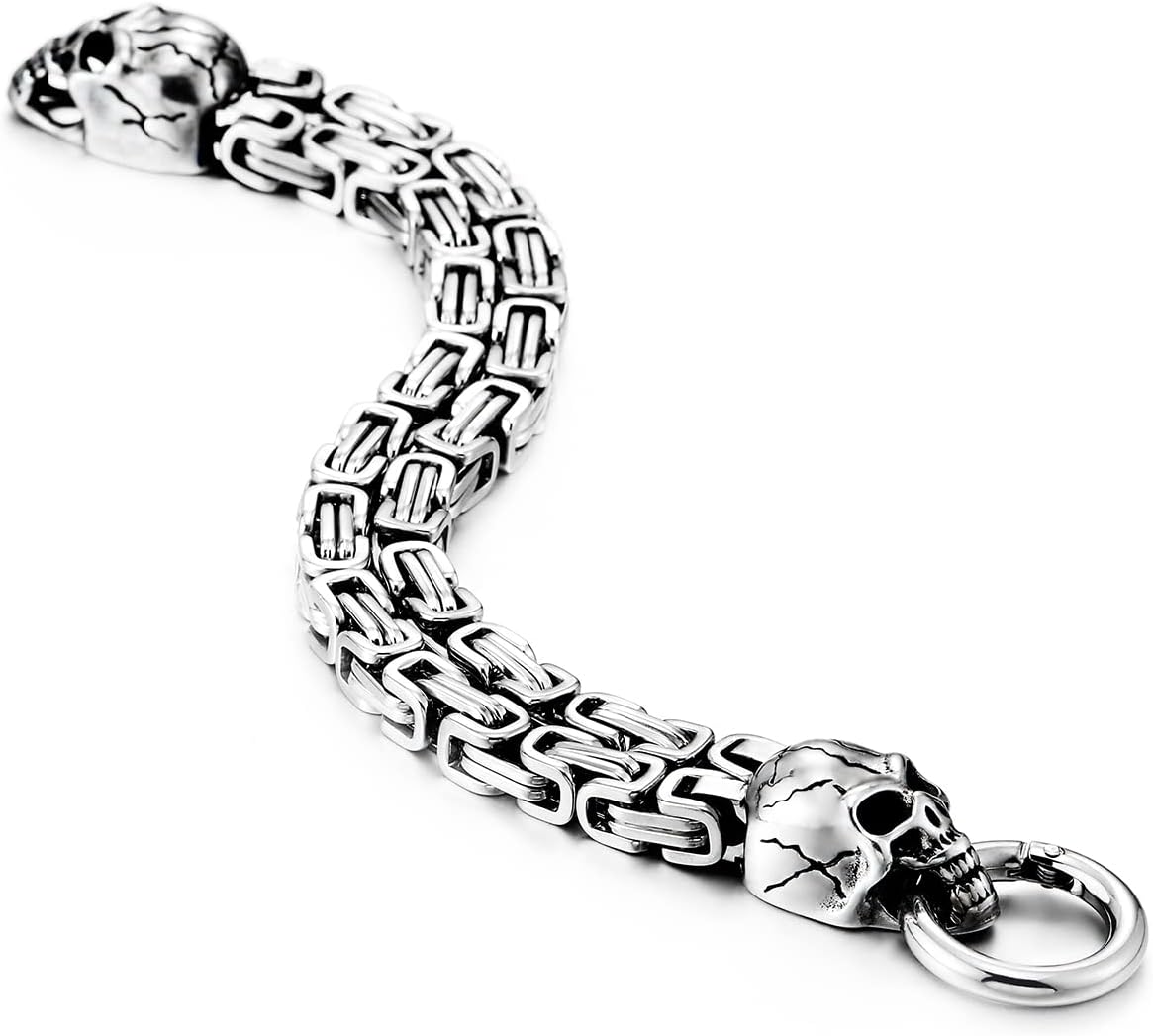COOLSTEELANDBEYOND Mens Stainless Steel Two-strand Braided Byzantine Chain Bracelet with Skulls and Spring Ring Clasp - Image 5
