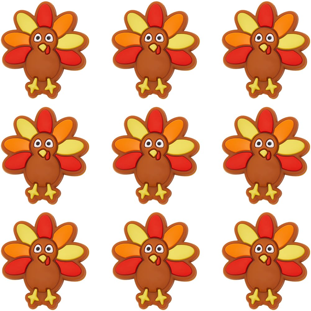 SOFPLATE 1 Box 10pcs Thanksgiving Silicone Focal Beads Animal Focal Beads Cute Autumn Harvest Fall Turkey Chicken Loose Spacer Beads for Jewelry Making Beading Supplies Holiday Bracelets Key Chain DIY