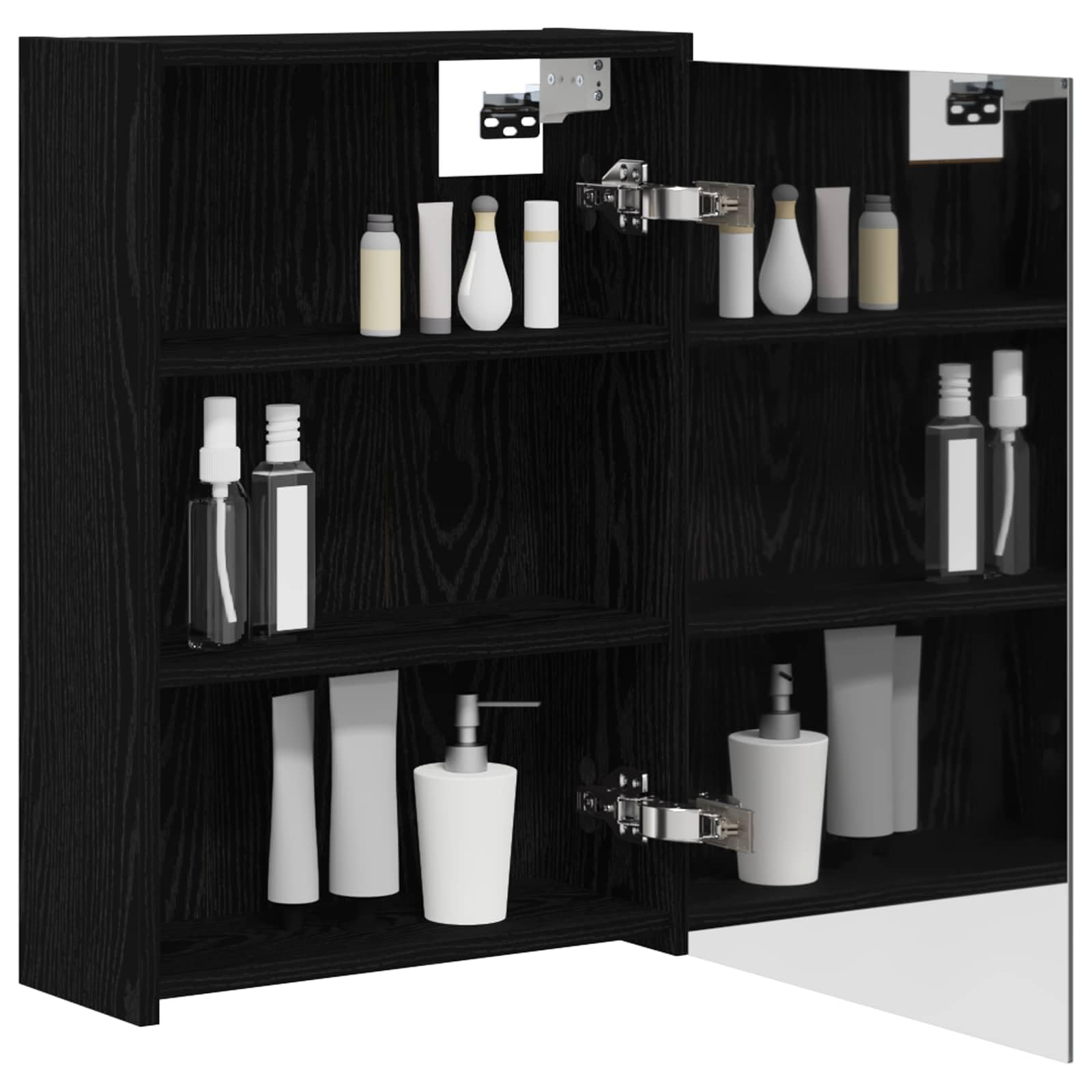 Armadietto da bagno a specchio nero effetto rovere, 43 x 16 x 62,5 cm, in legno con specchio bidirezionale e ripiani regolabili, montaggio a parete per mobili da bagno, portaoggetti