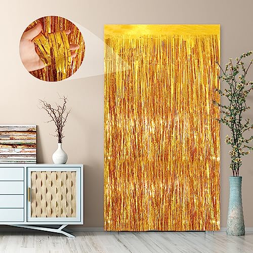 Image of 2Pack 3.3 x 8.3 Ft Gold Party Streamers, Tinsel Streamers Birthday Party Decorations, Fringe Backdrop for Graduation, Baby Shower, Door Streamers Tinsel Curtain Gender Reveal New Year Party Streamers
