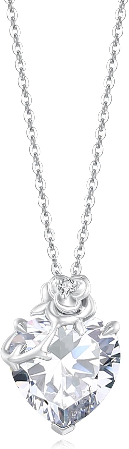 FANCIME 14K Solid White Gold Rose Pendant with Sterling Silver Chain Heart Birthstone Gemstone Fine Jewelry Mothers Day Gifts for Women Her