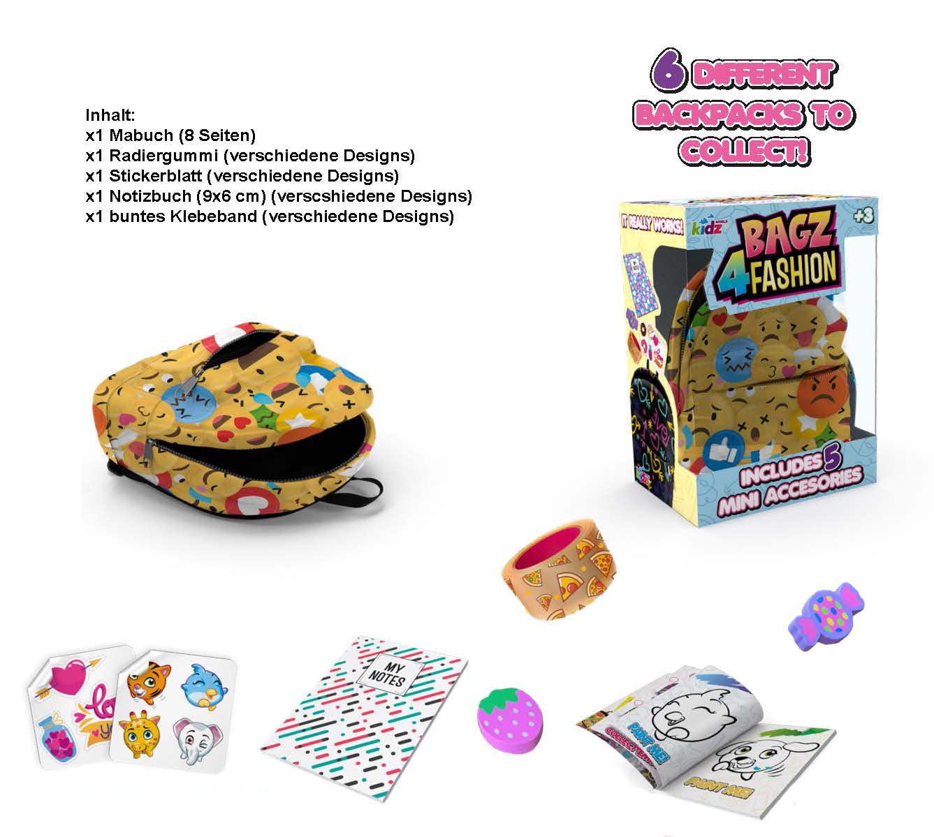 Joy Toy 37962 Bagz4Fashion 9 x 5 cm Mini 5 różnych artykułów piśmienniczych wewnątrz plecaka 7 x 5 x 10 cm, kolorowy