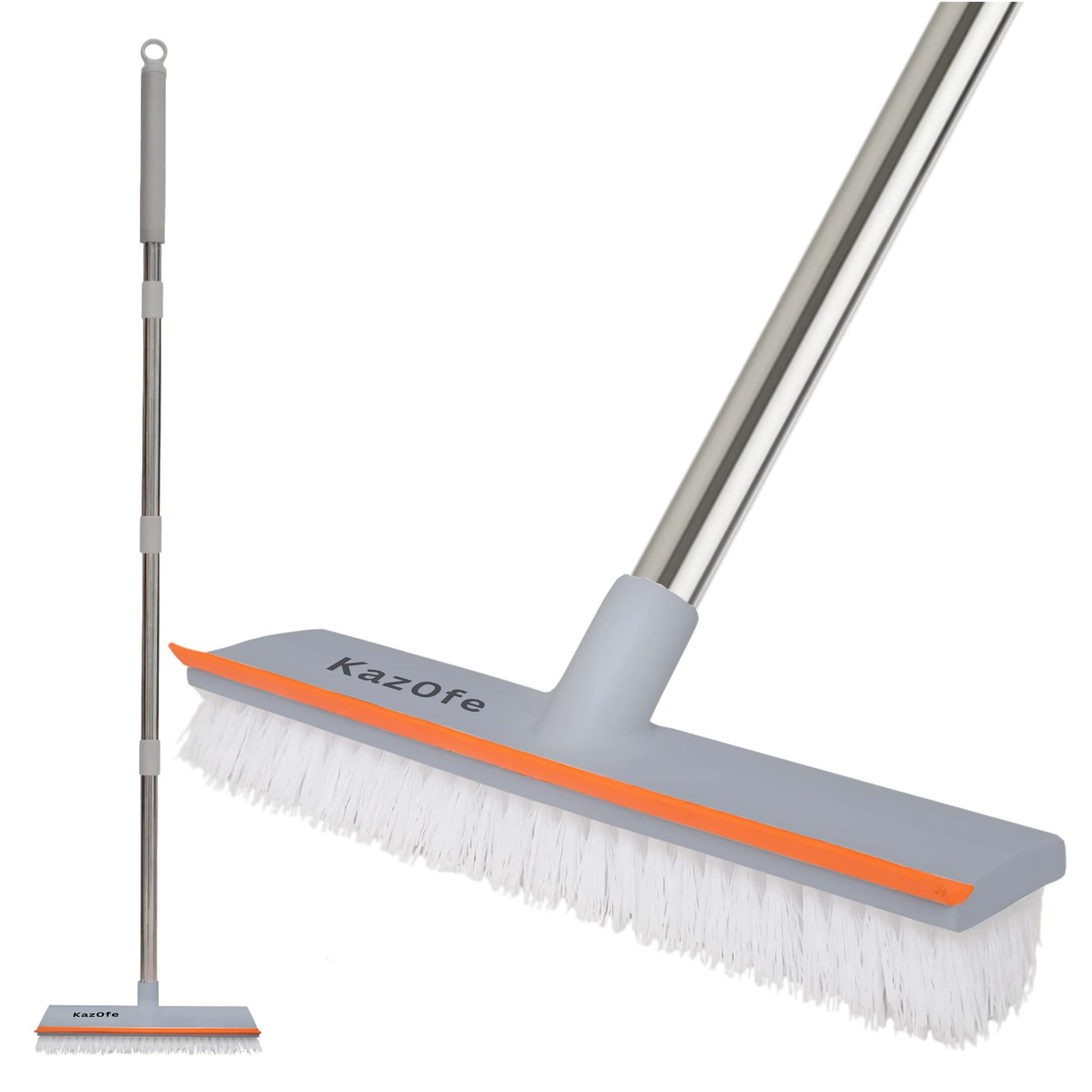 KazOfe 2-in-1 Floor Scrubbing Brush with Squeegee/Handle, Bathroom Floor Cleaning Scrubber, Long Handled Scrubbing Brush Hard Bristle for Deep Cleaning Kitchen, Deck, Tile, Patio (Grey)