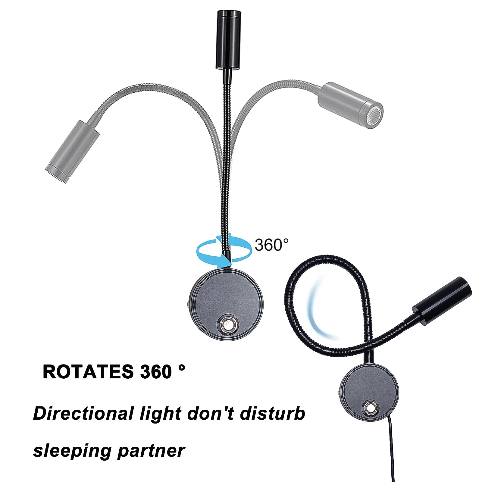 2 pezzi 3W Applique da Parete interno, Lampada da Lettura Muro Dimmerabile Touch con Porta di Ricarica USB, 3000K-6000K LED Luce da Letto Flessibile a Collo di Cigno Illuminazione Comodino, Nero
