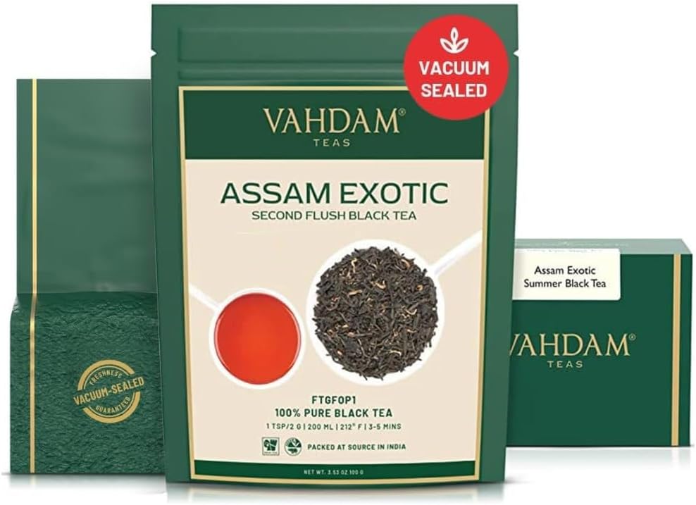 - VAHDAM, Fresh Harvest Assam Tea Leaves with Golden Tips, 3.53oz (50 Cups) Strong, Malty & Rich - Exotic Assam Tea Loose Leaf | Pure Assam Black Tea | English Breakfast Tea