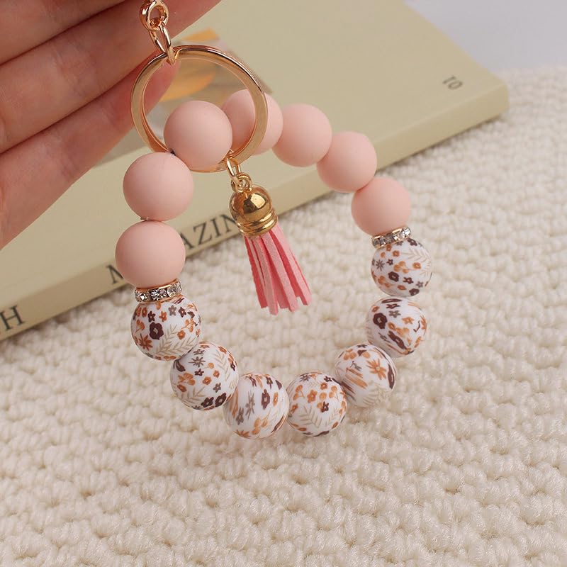 Image of Silicone Beaded Bracelet Keychain Wristlet Cute Car Key Chain Holder Wallet Bag Charm Accessory