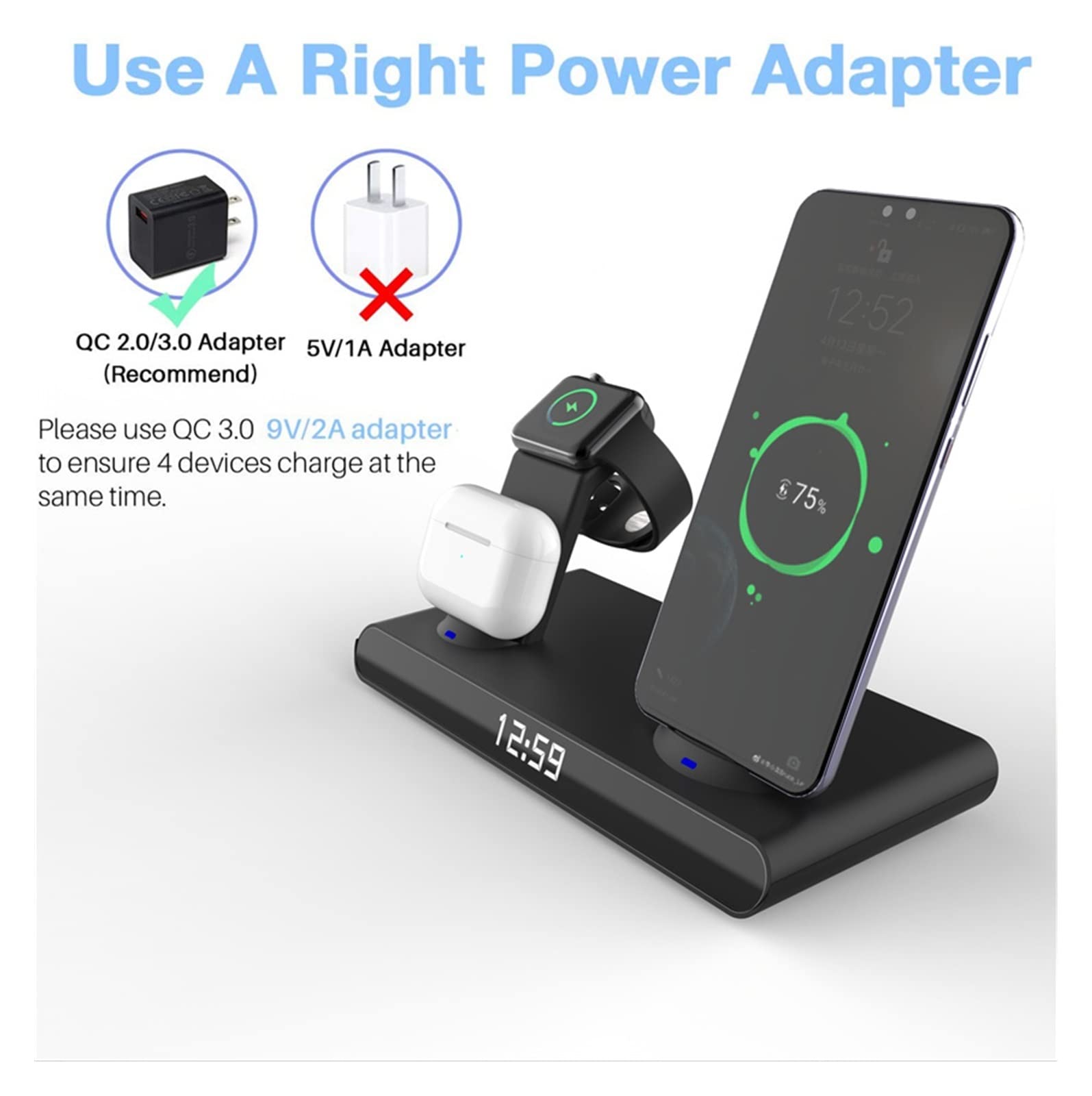 6 en 1 30W Rapide Chargeur sans Fil Horloge Pad for Support de Charge Qi for Montre écouteur Compact et Puissant(White with Plug)