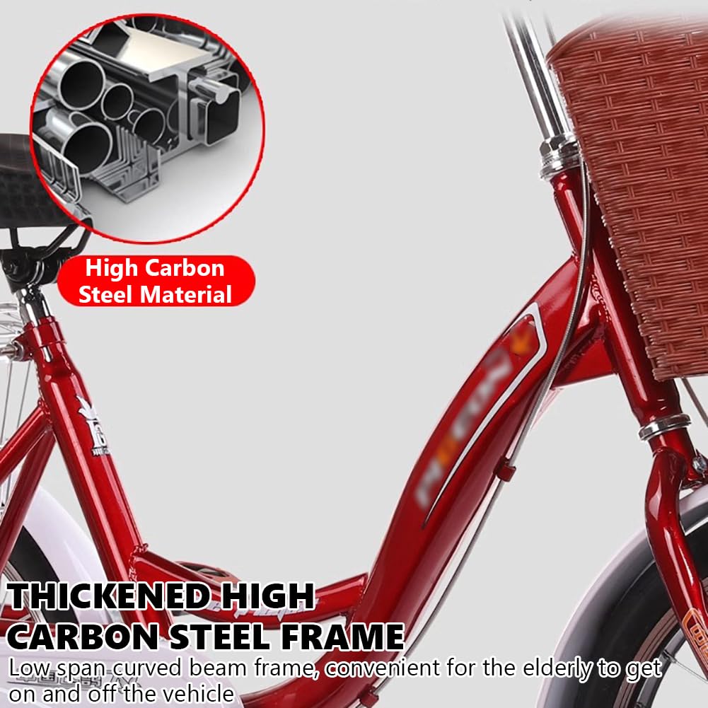 MegLob Tricycle Bike for Adults, 3 Wheel Cargo Bikes Adult Trikes 20 Inch, Three Wheel Beach Cruiser Bike for Woman, Three-Wheeled Bicycles Cruise Trike with Large Shopping Basket,Red