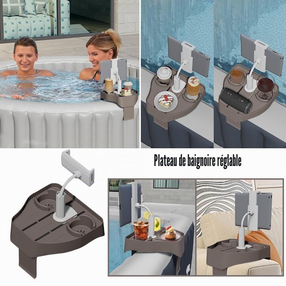 Étagère de table pour jacuzzi, table d'appoint réglable pour jacuzzi avec support de téléphone, plateau antidérapant avec 2 porte-gobelets, convient pour spa gonflable, piscine, baignoire, accessoires