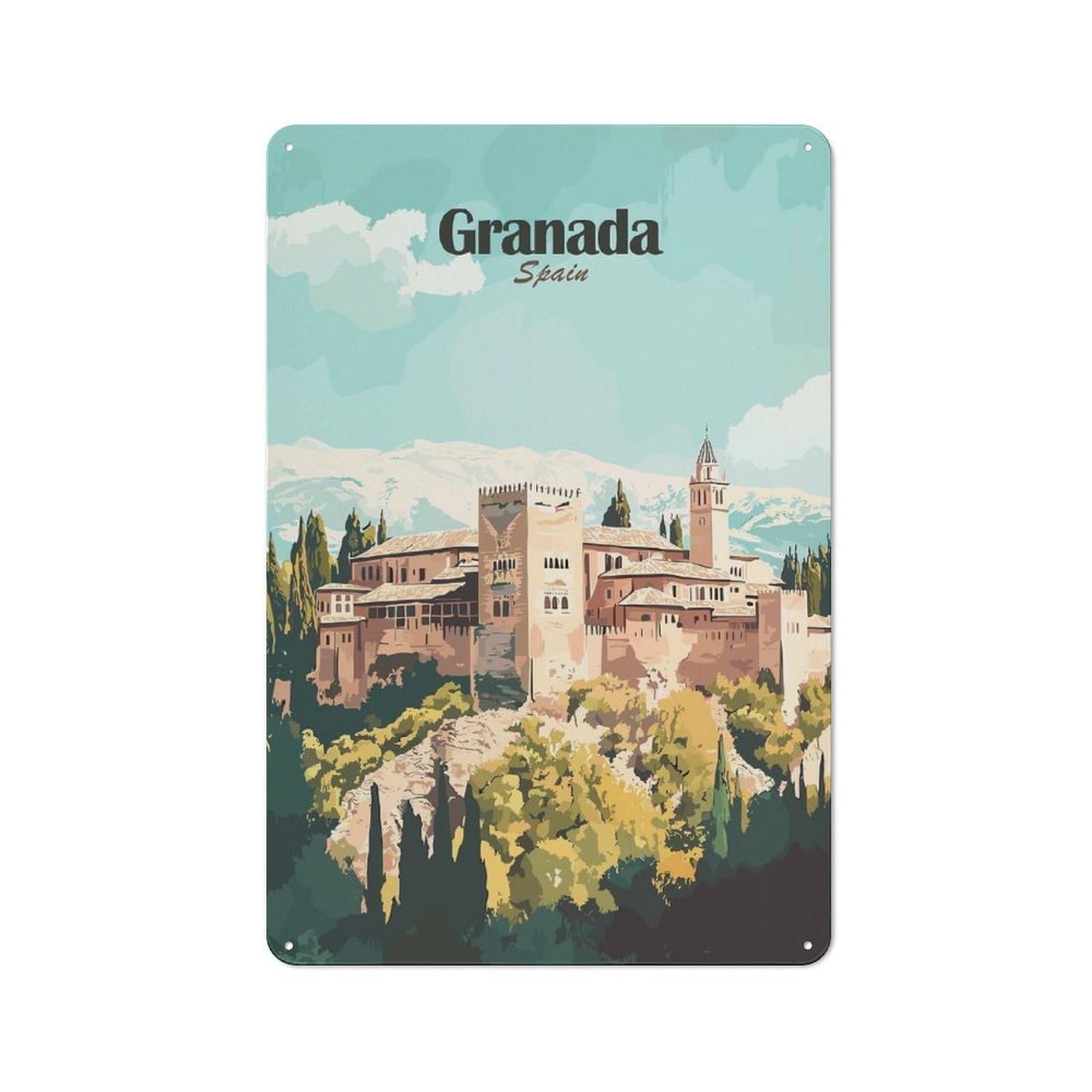Junmoney Style-6 Granada Spain Travel Creative Metal Wall Decor 30X20cm, Decorative Metal Sign For Office, Study, Studio Or Hallway