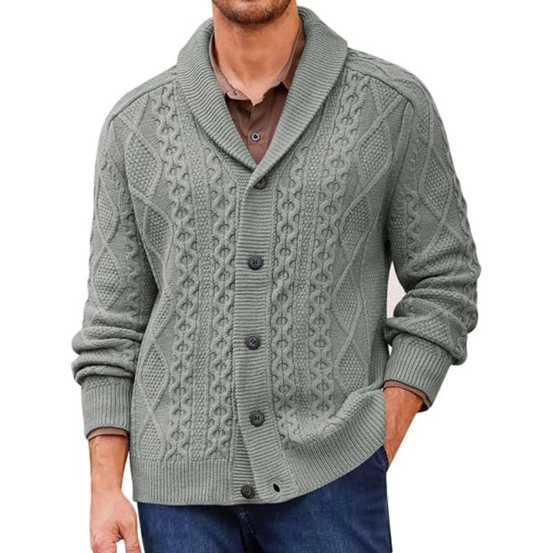 fensir Men's Cable Knit Shawl Collar Cardigan Sweater with Buttons for Autumn and Winter-picture-24