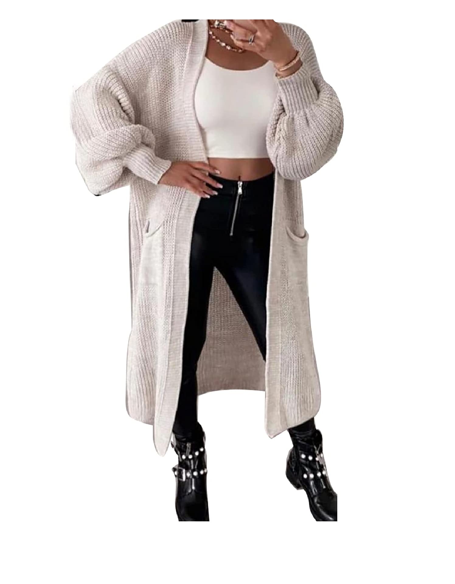 Candid StylesLadies Long Maxi Knitted Cardigan Balloon Sleeve 2 Pocket Womens Open Front Boyfriend Cardigans Top UK 8-14