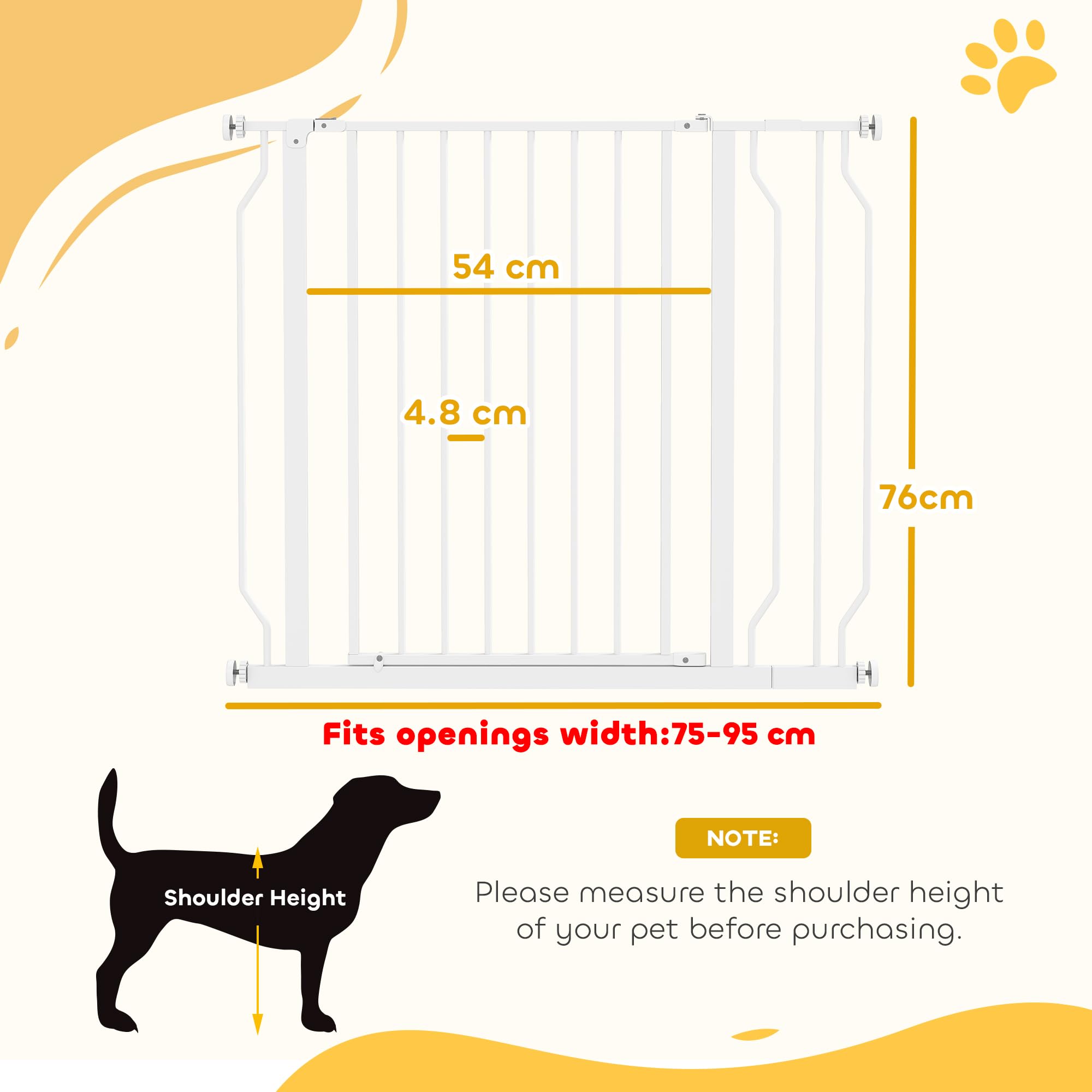 PawHut Dog Gate Wide Stair Gate w/ Door Pressure Fit Pets Barrier for Doorway Hallway, 76H x 75-95W cm - White - Image 3