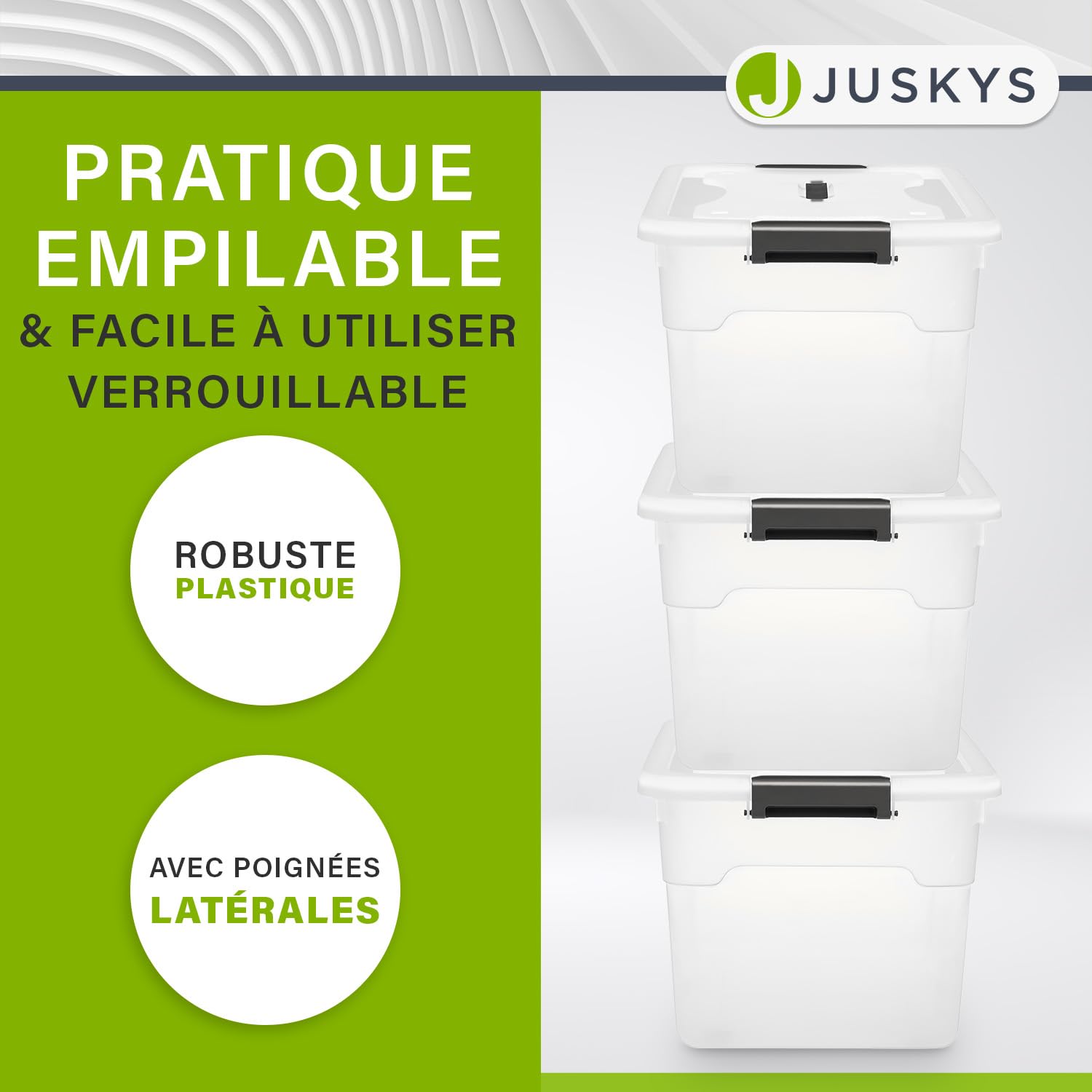 Juskys Boîte de rangement avec couvercle - ensemble de 6 boîtes en plastique de 30 l - grande boîte, empilable, transparente - rangement système de rangement boîtes de rangement