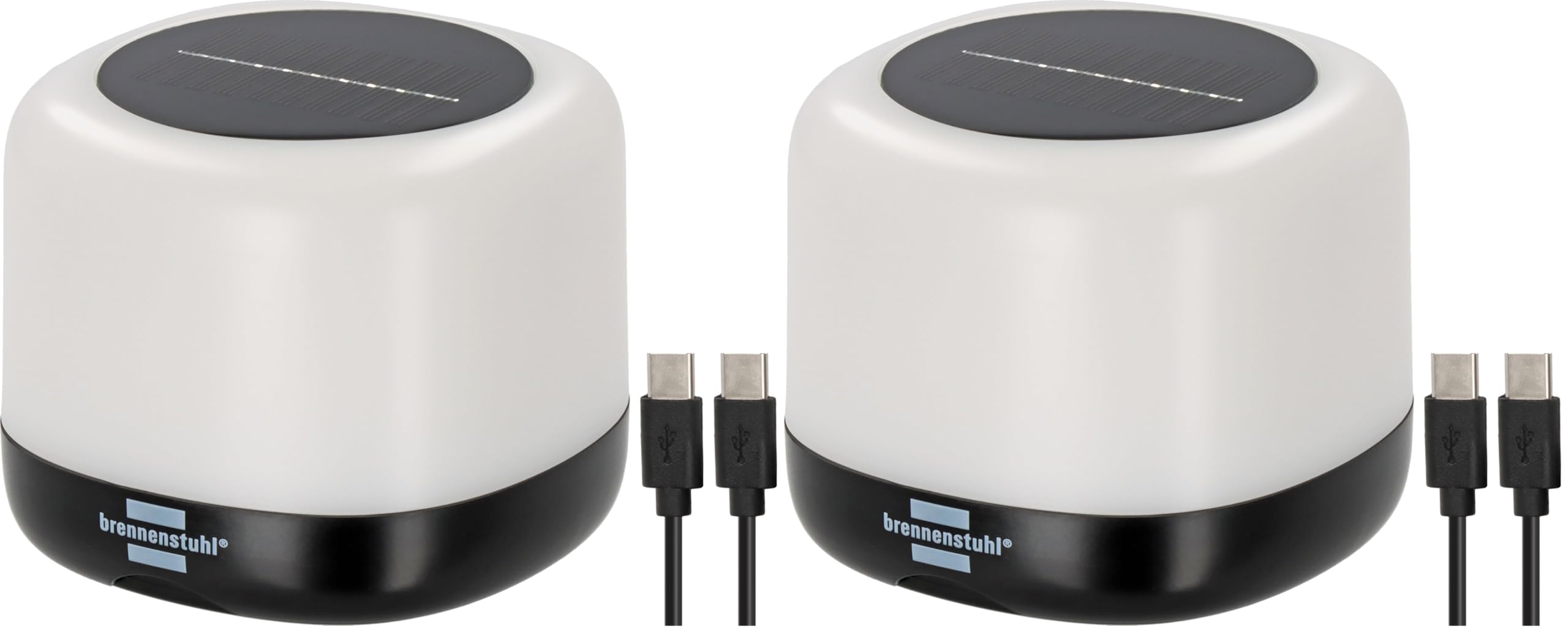 Brennenstuhl Akku Solar LED Outdoor Leuchte GL 400 AS (Campinglampe IP44 mit 400lm, bis zu 45h Leuchtdauer, 3 Schaltstufen, austauschbarer Akku 18650, Powerbank, USB C Ladekabel) (Packung mit 2)