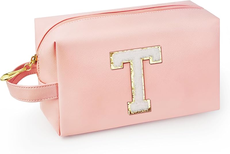 Necessaire de maquiagem WEMVP com inicial T, alça lateral e bolso interno com zíper, rosa