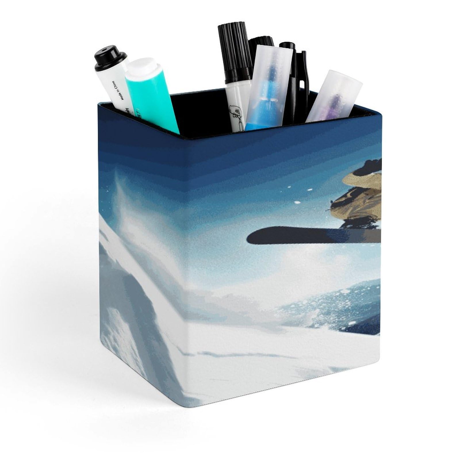 MUSM Snowboarding Pen Holder Square PU Leather Desktop Organizer And Makeup Brush Holder Storage Box Modern Design Stationery Organizer for Office Desk Accessory