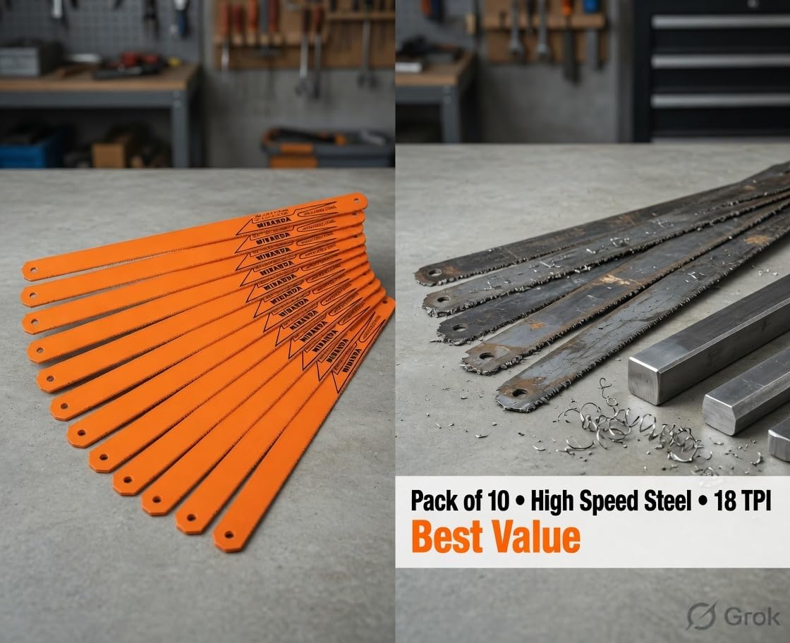 MIRANDA High Speed Steel Hand Hacksaw Blades 12 inch x 1/2 inch x 0.025 inch 18 TPI Pack of 10 for Metal and Plastic Cutting