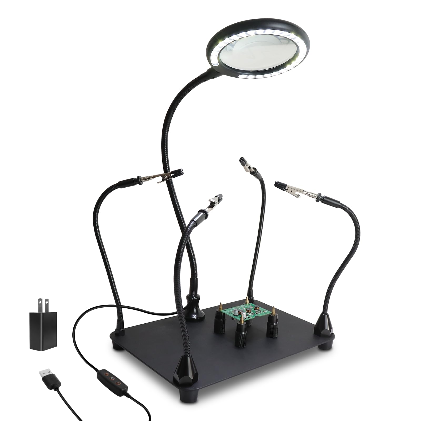 XYK Magnetic Helping Hands Soldering Station with 3X Magnifying Glass and Light, 4 Flexible Helping Arms and Third Hand Tool for Electronic Repair,