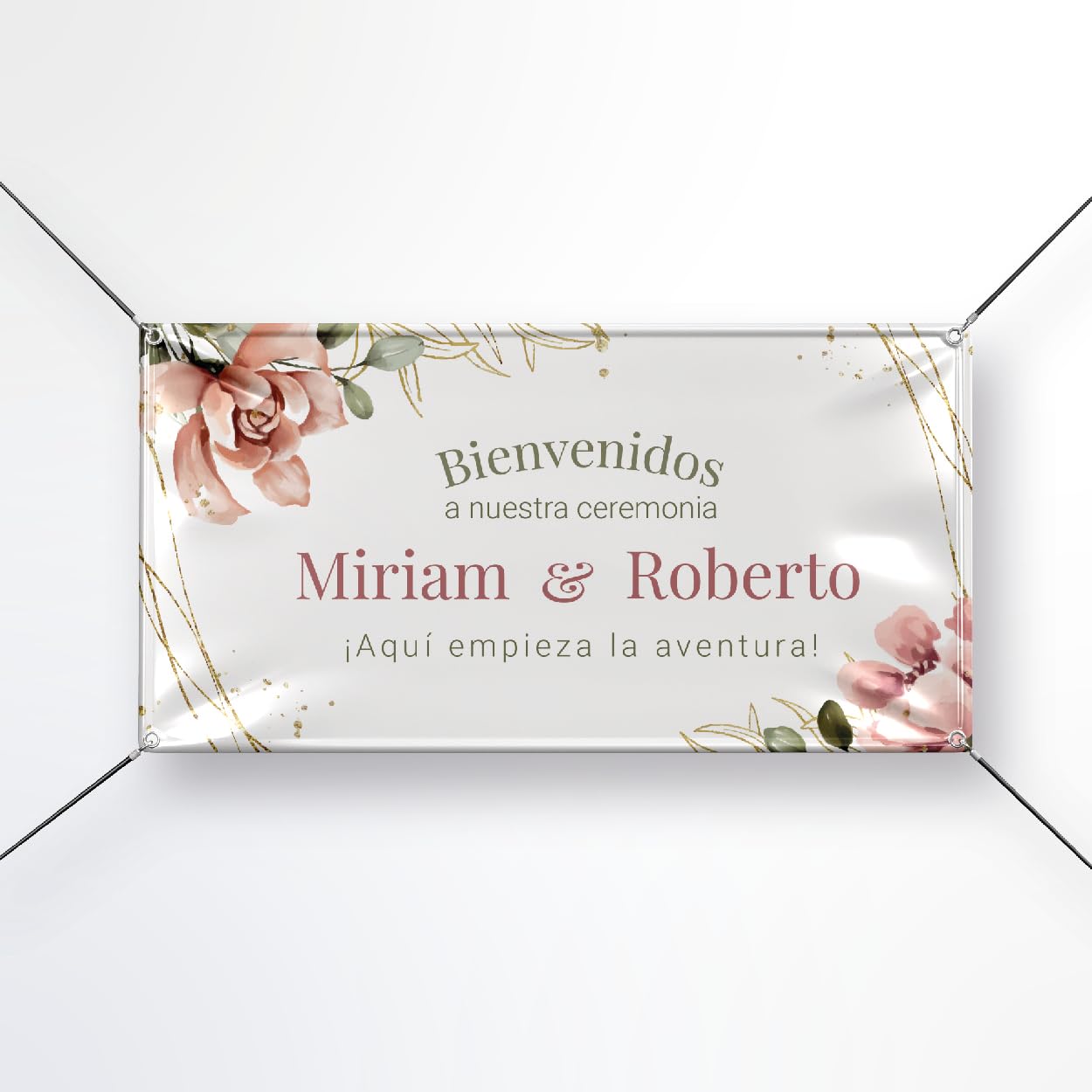 Pancarta personalizada - Cartel Bienvenida Boda | Print Stamp Love, Lona personalizada PVC Resistente, Decoración de bodas oro o plata, Incluye ojales para colocación,MODELO 4