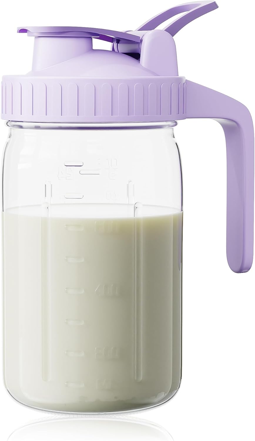 Breast Milk Pitcher, Mason Jar 32 oz, Heavy Duty Wide Mouth Jar with Purple Flip Cap Lid and Pour Spout, Formula Pitcher Airtight Seal for Freshness and Convenience, Great for Cold Beverages