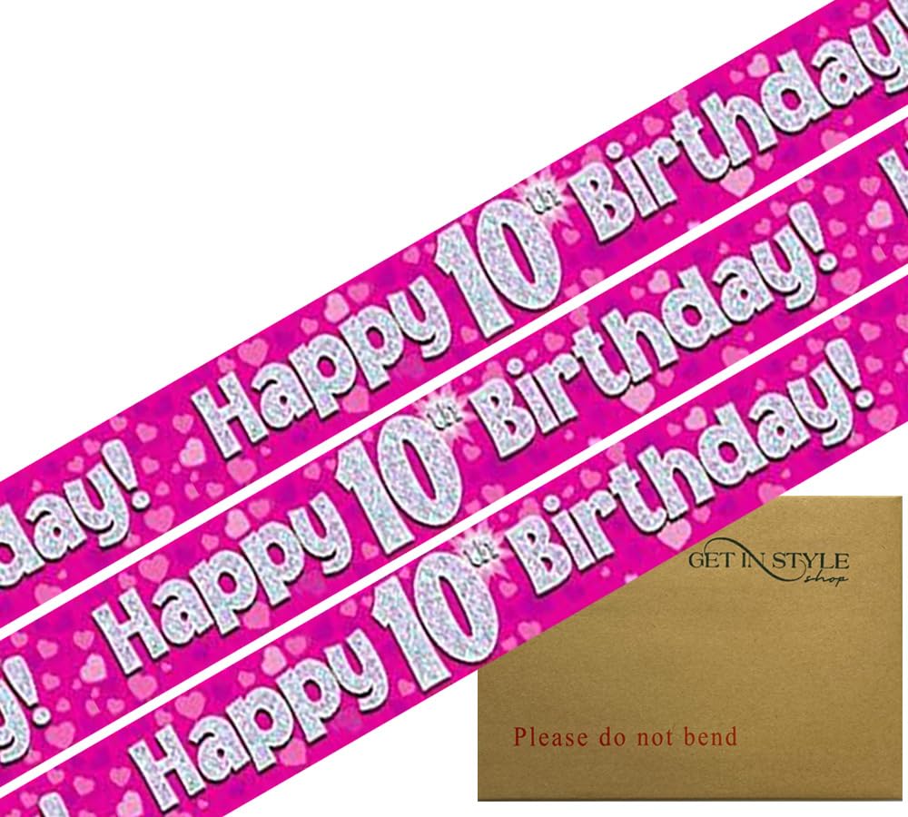 9ft Happy 10th Birthday Foil Holographic Banner, Vibrant Pink & Silver Hearts (274cm)