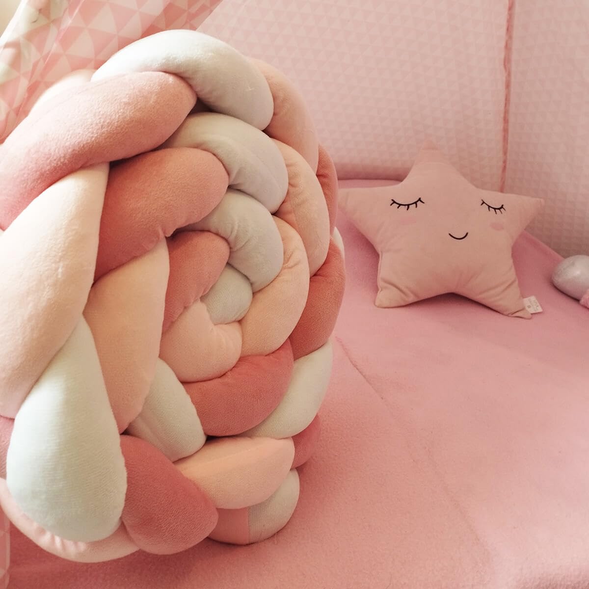 Babycalin - Tresse Bébé en velours ultra doux Blanc / Rose - 200 cm 3 brins - Tresse décorative bébé cocooning Oeko-Tex et lavable en machine - Moelleuse