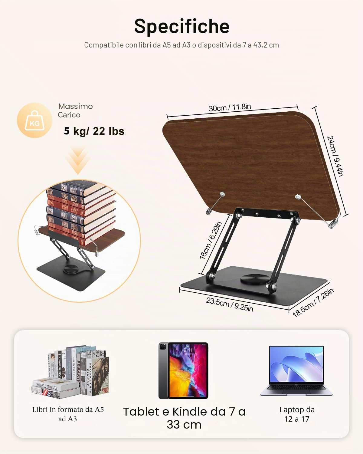 Leggio per Libri in Legno, Supporto Libri per Lettura con Base Girevole a 360°, Altezza Regolabile Bookstand, Pieghevole, per Libri, Cuochi, Tablet, Spartito (01)