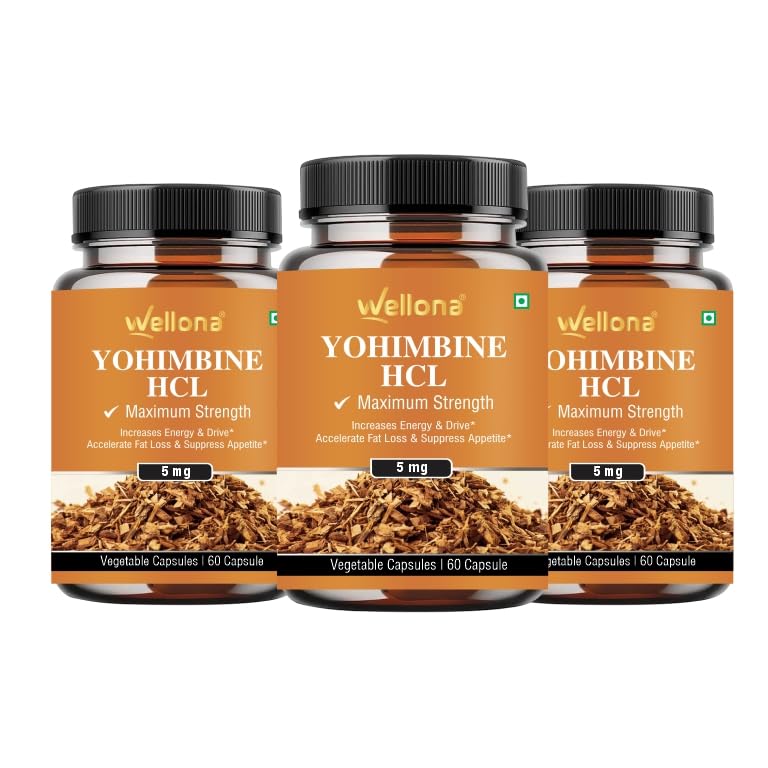 Image of Wellona Yohimbine HCL 5mg Capsules | Yohimbe Extract Pre-Workout Supplement | Vegan Energy & Focus Formula for Men & Women | Premium Herbal Capsules | 60 Capsules (Pack of 3)