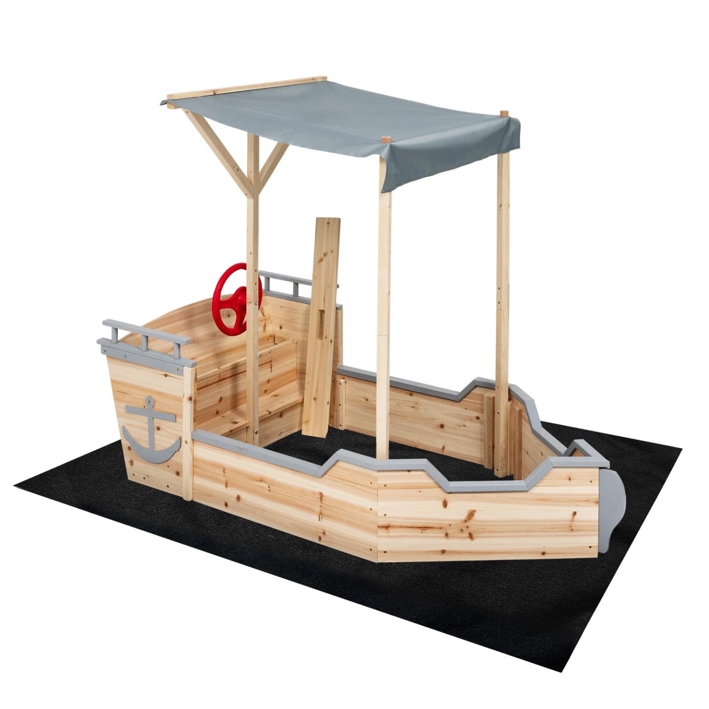 IDMarket - Bac à Sable World Bois Bateau de Pirate avec Banc Coffre et Toit Gris