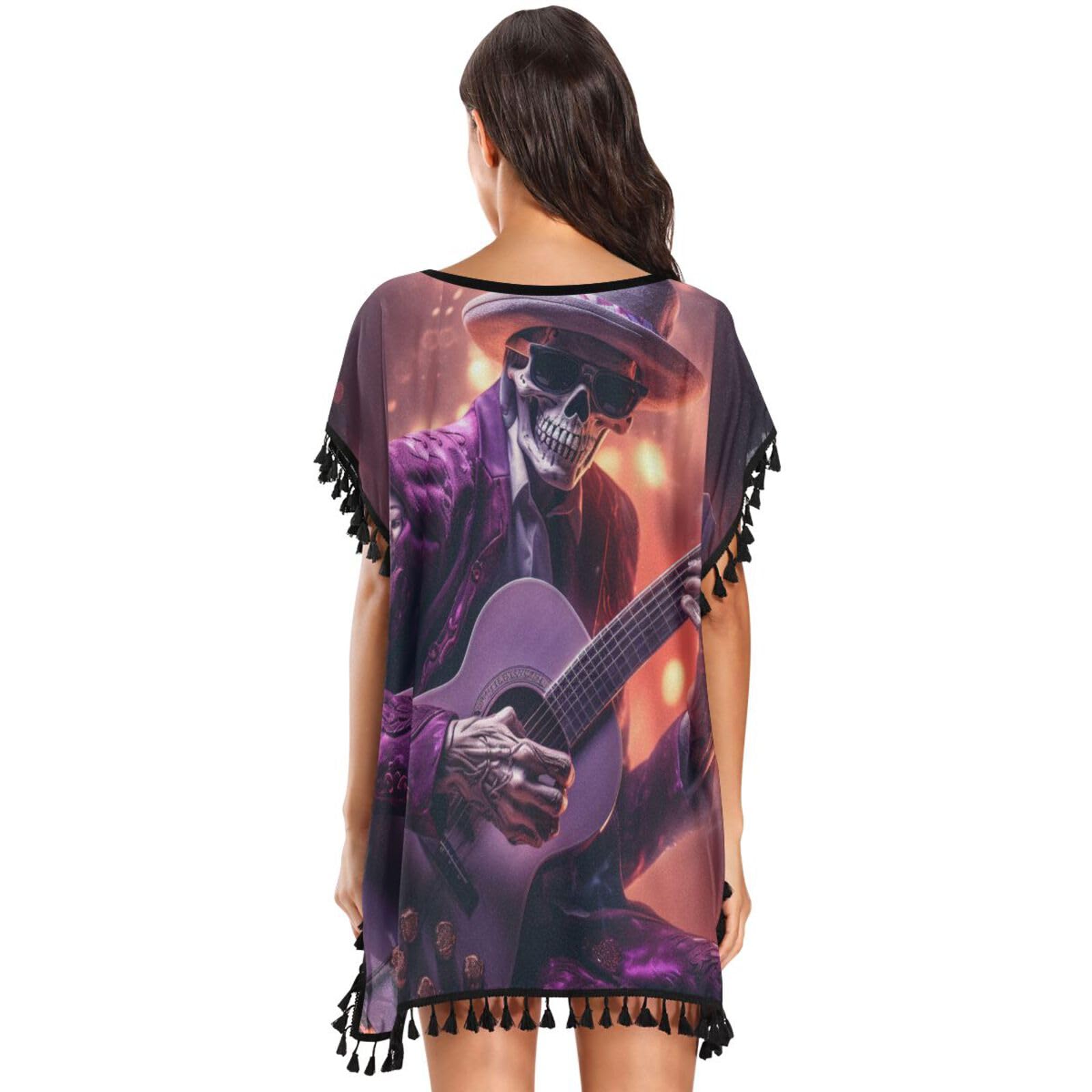 KAAVIYO Music Guitar Skull Women's Beach Cover Up Chiffon Tassel Swimwear Swimsuit Coverups for Girl