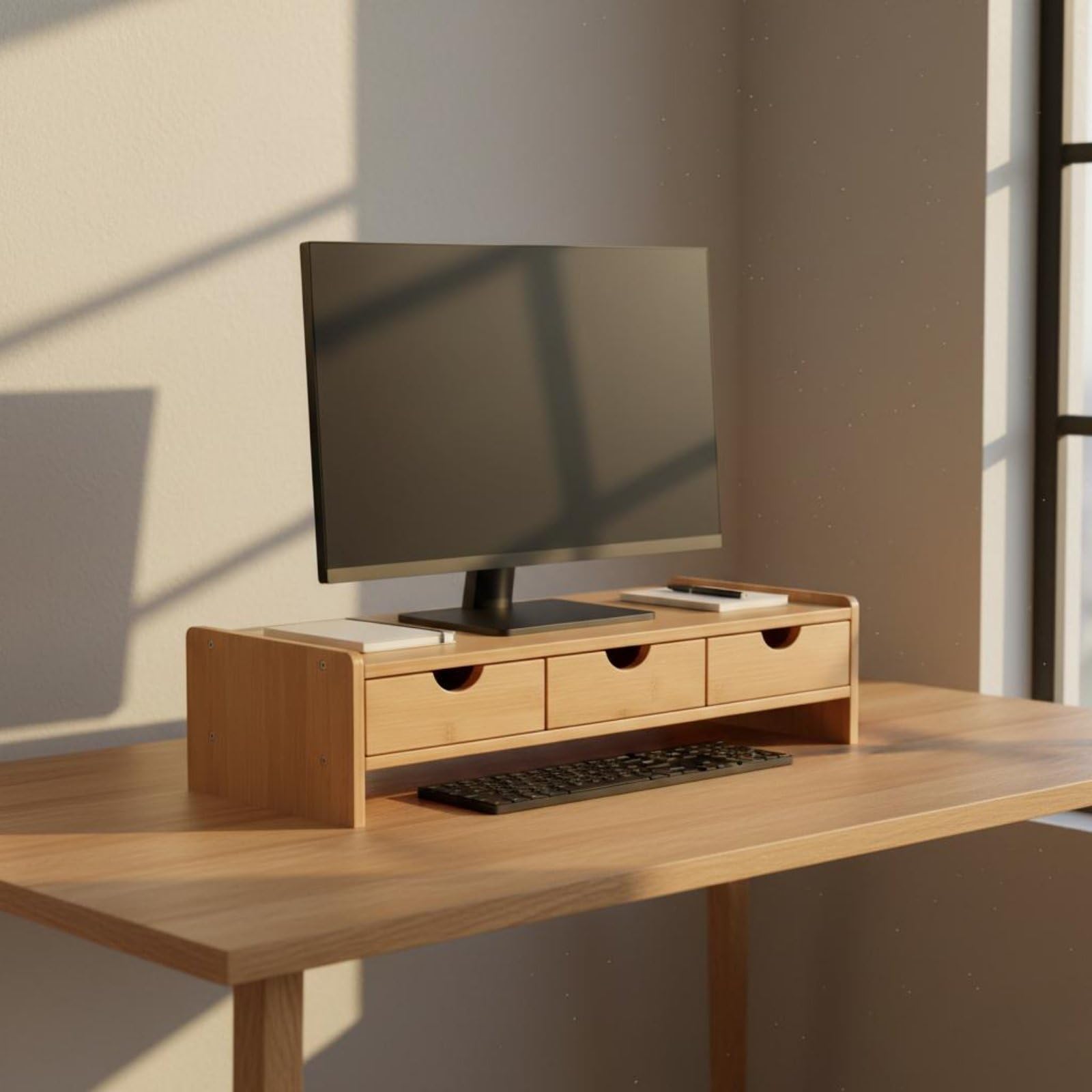 Supporto Rialzo Schermo Mensola Scrivania Organizer con Cassetti in bambù Design Ergonomico per Migliorare Postura E Ottimizzare Spazio Adatto a Ufficio, Cassetto Triplo