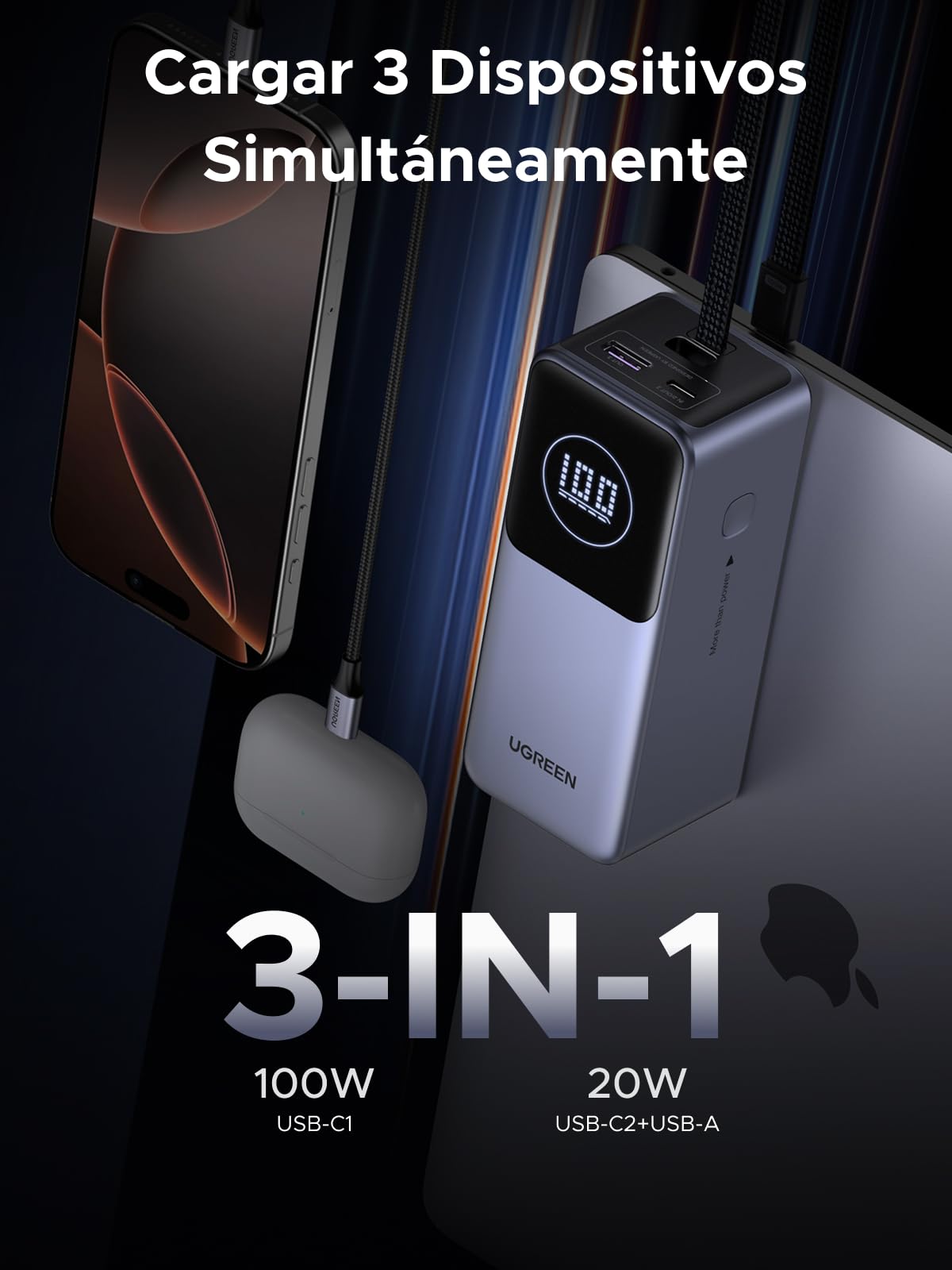 UGREEN Nexode Pro 130W Power Bank 20000mAh Batería Externa Carga Rápida | 3 EN 1, Cable USB C Integrado PD 100W, 2 Puertos 1C1A, Cargador Portátil PC, Compatible con iPhone 17 16 Galaxy S26 S25 iPad