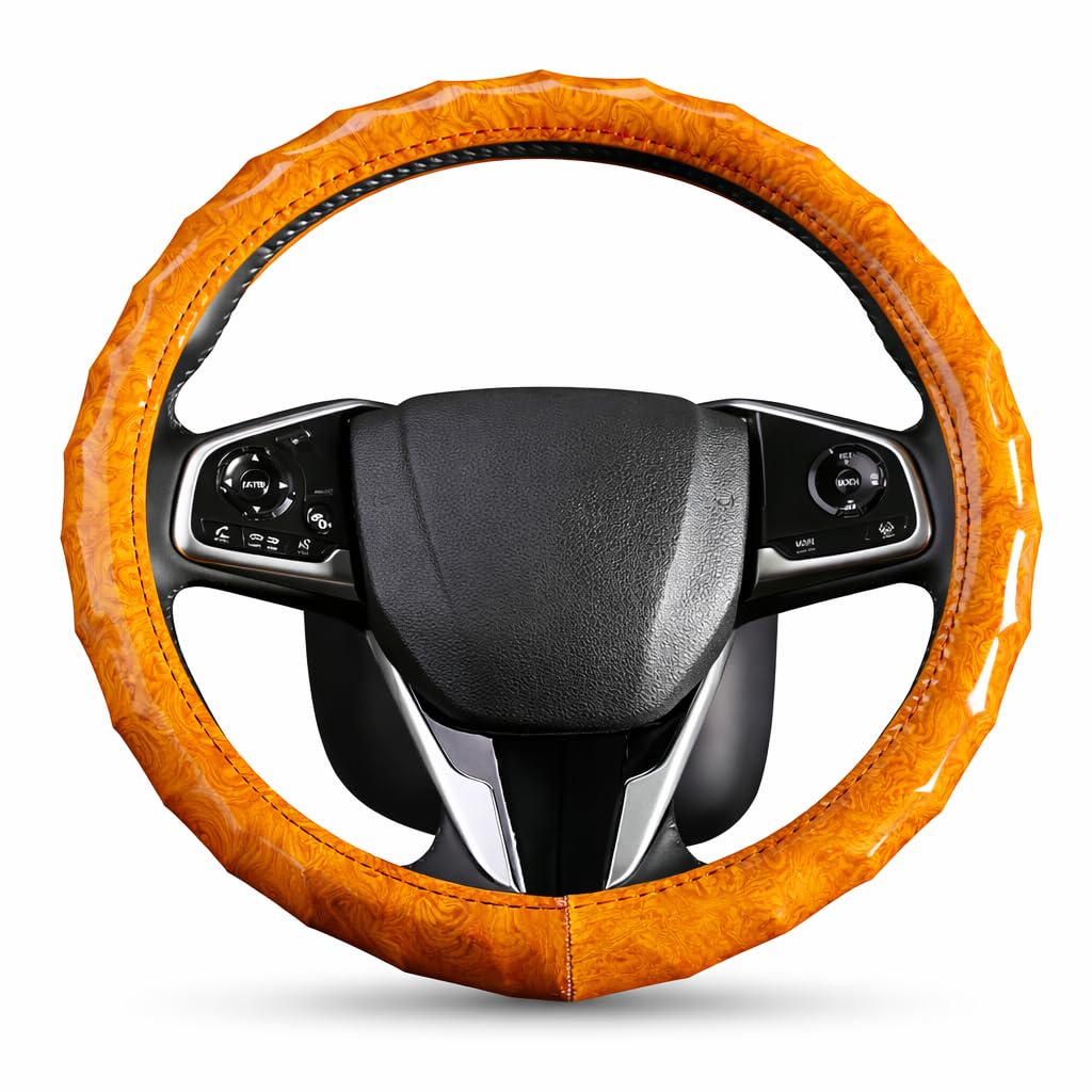FGCNBHUY Luxury Wood Grain Leather Steering Wheel Cover for Audi A5/S5/RS5 Coupe Cabriolet Sportback B8/8T B8/8F B8.5/8.5T/8.5F/F5/B9 8T8/B8 8T3/B8,15 Inch 38cm Non-Slip Breathable Wheel Wrap,orange