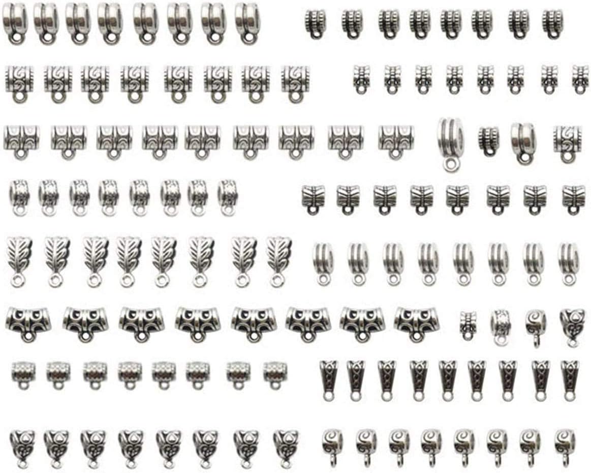 YYaaloa 120pcs Mixed Antique Tibetan Silver Bail Tube Beads, Spacer Bead, Bail Beads, Bead Hanger Fit Charm European Bracelet Bracelet Pendant Charms