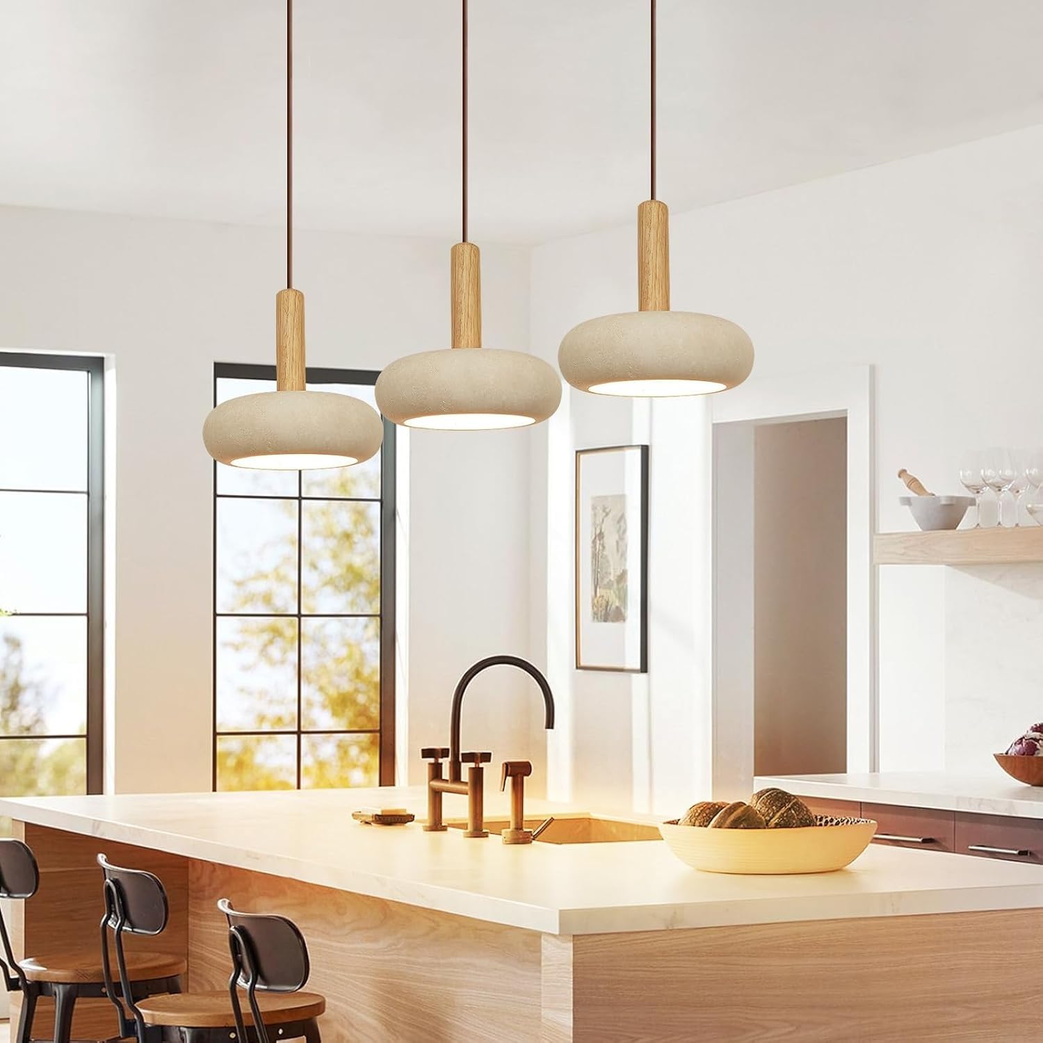 VTAMng Chandelier Natural Yellow Travertine Lamp Wooden Pendant Light Wabi Sabi Decor Japandi Light Fixture Suitable for Dining Room Bedside Kitchen Island Mini Hanging Lamp for Kitchen Island