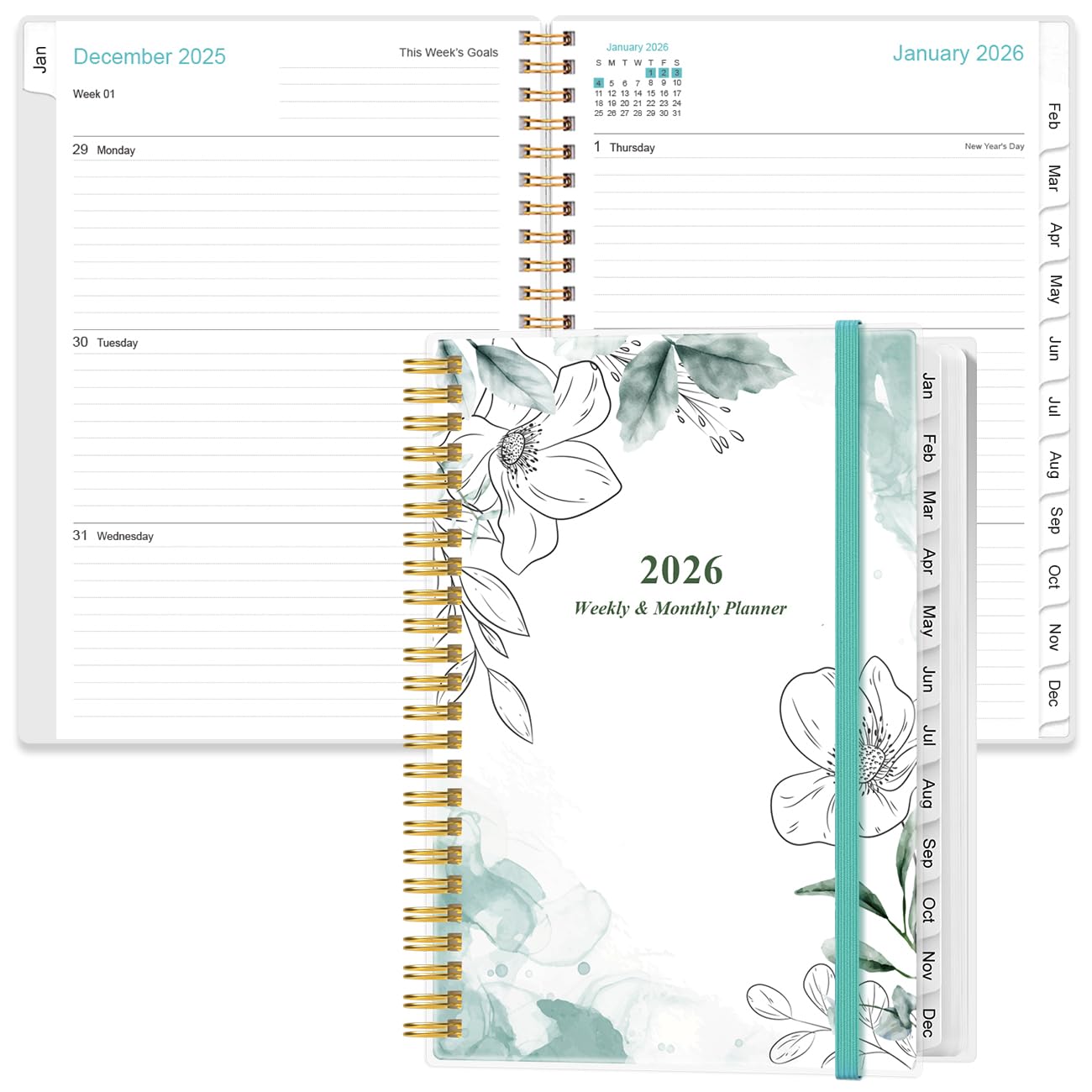 Planner 2026 - A5 week- en maandplanner, spiraalgebonden, januari 2026 tot december 2026, planners 2026 met flexibele hoes, lipjes, binnenzak, 16,3 x 21,5 cm, groenblauw bloemen