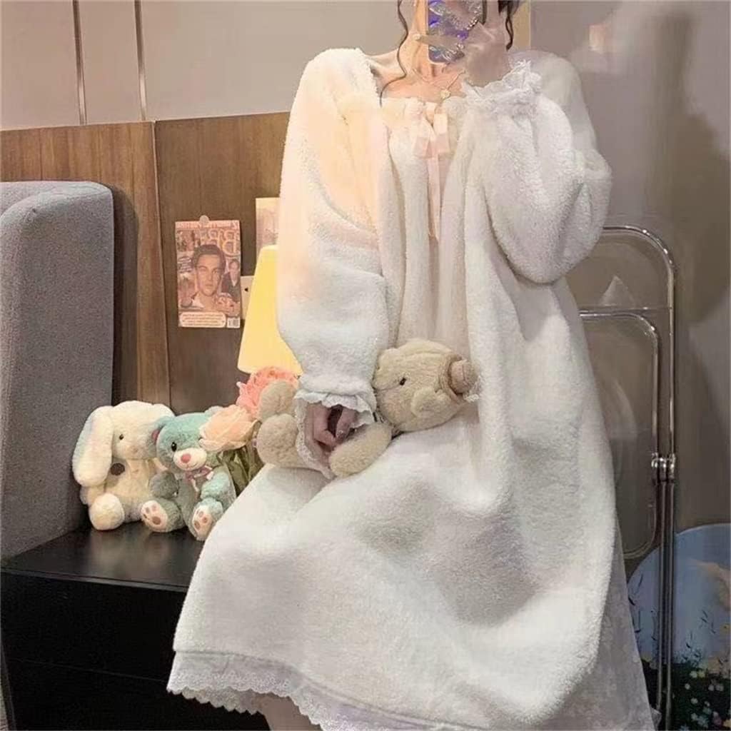 JSEIAJB White Winter Gown Coral Velvet Women's Pajamas Velvet Thickened Pajamas(Medium)