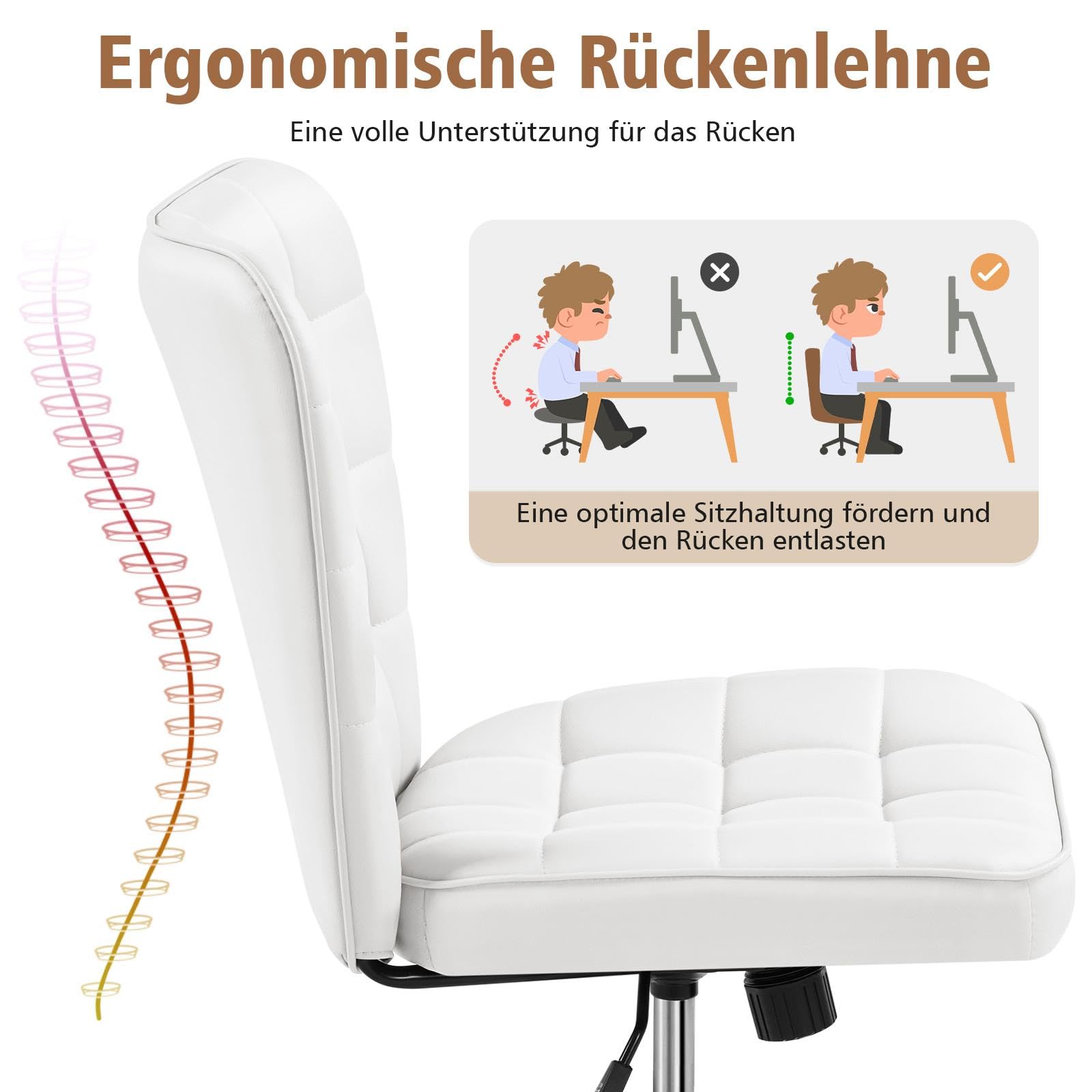 Yaheetech Homeoffice Stuhl, Drehstuhl ohne Armlehne Kunstleder, Weiß | Schreibtischstuhl, Schminkstuhl, höhenverstellbar Bürostuhl mit Wippfunktion, Polsterstuhl für Arbeitszimmer Schlafzimmer