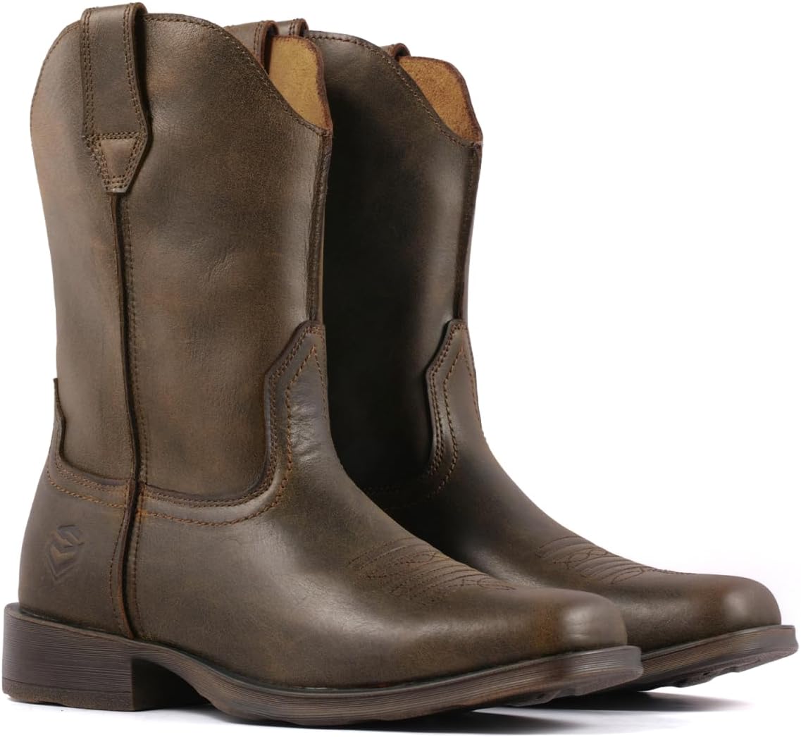 SUREWAY Western Boots - Men’s Square Toe Work Boot,Pull On Leather Wellington Boots,Durable Classic Slip Resistant Soft Toe Cowboy Boot