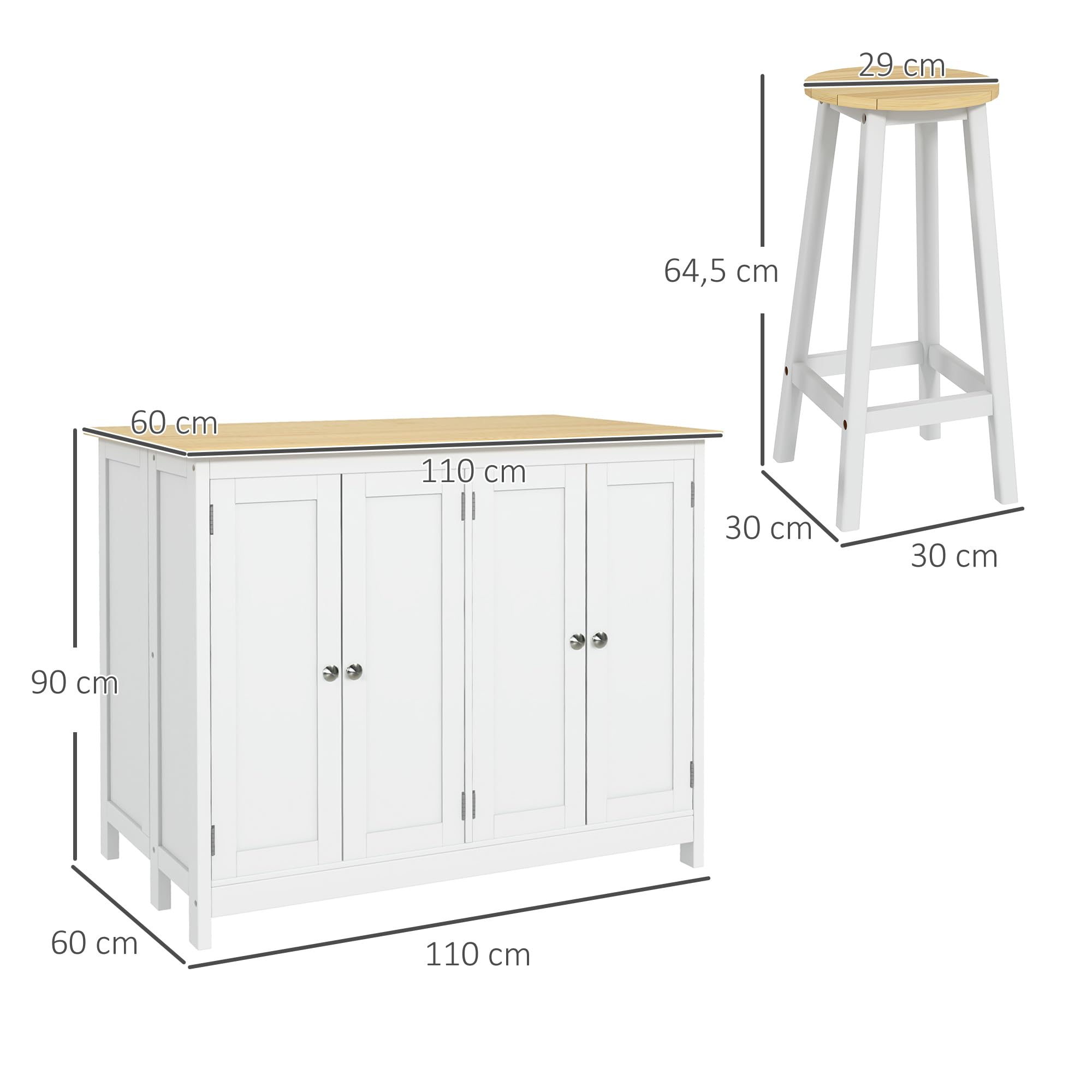 HOMCOM îlot Central de Cuisine avec 2 tabourets, Ensemble Table et Tabouret de Bar, avec 2 armoires, Rangement et Plan de Travail Rabattable, 4 Portes, Design Moderne, Blanc