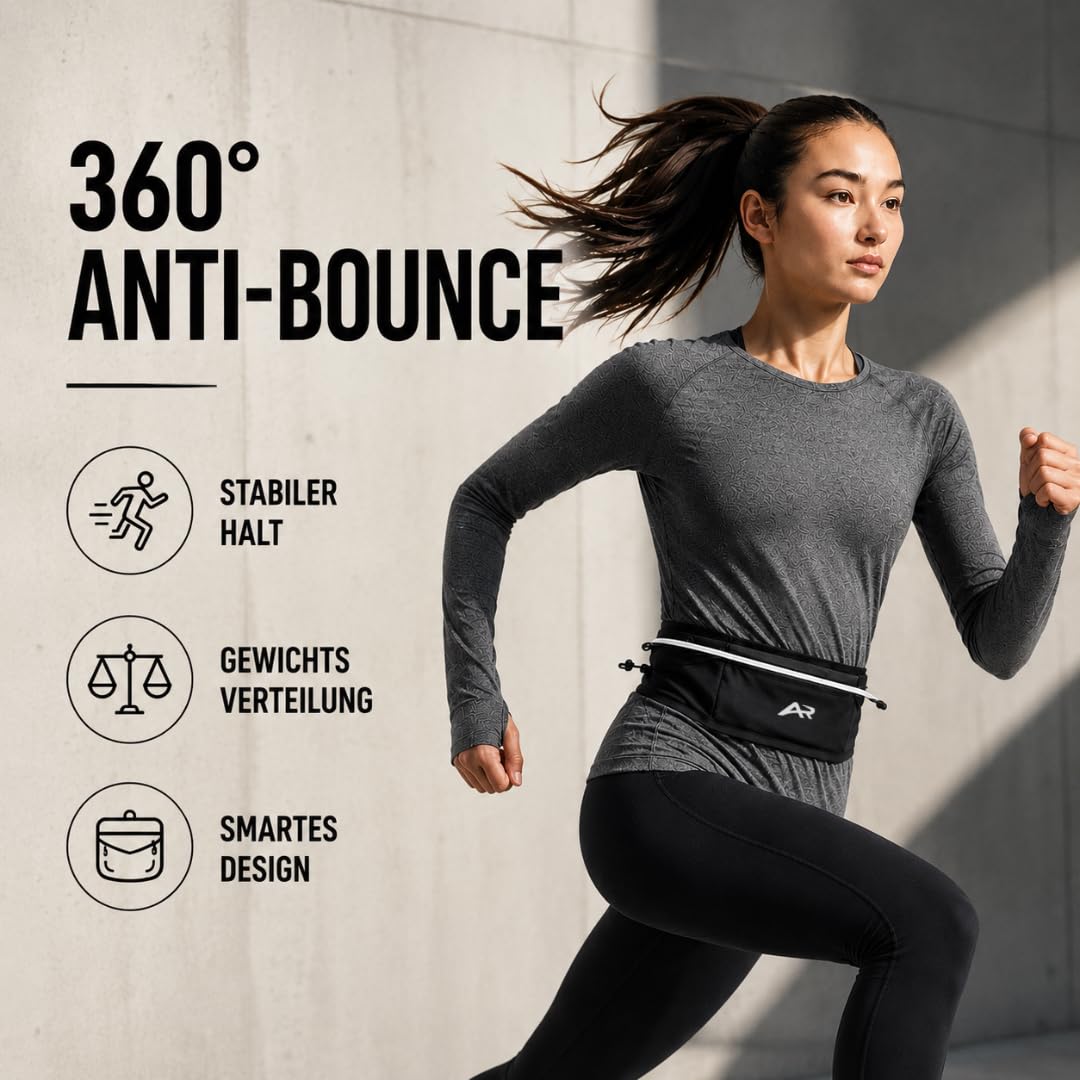 AeroRun® Laufgürtel mit Trinkflasche | Lauftasche Jogging für Damen & Herren | Handytasche Joggen auch für große Handys | 360° Anti-Bounce Running Belt inkl. Startnummernband | M-XL >85 cm Bauchumfang