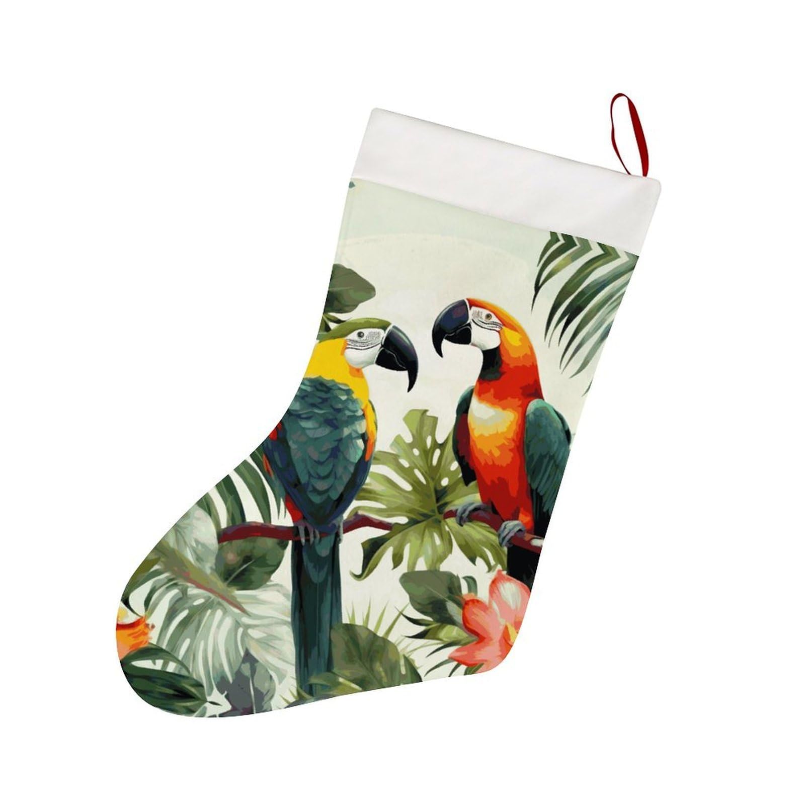 Toucans Parrot Palm Tree Leaves Christmas Stocking Cute Personalized Christmas Stocking Soft Plush Cuff Christma Socks Gift Decoration Socks for Family Holiday Party