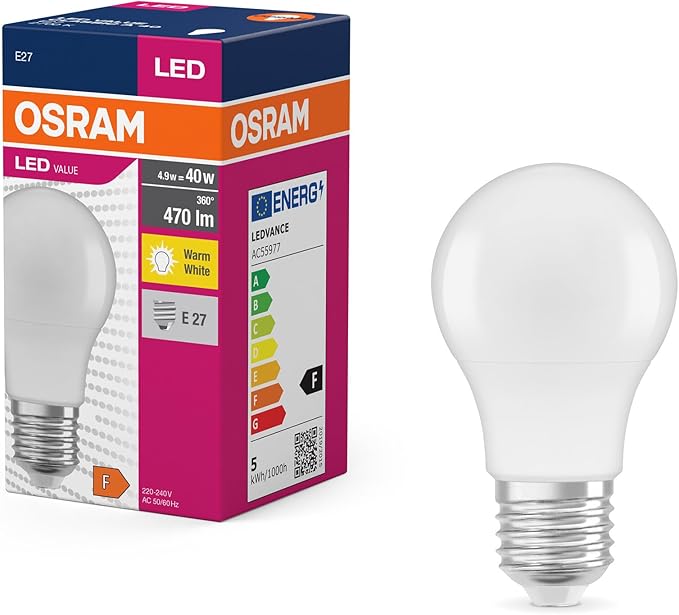 OSRAM Bombilla LED Star Value Classic A40 para casquillo E27, forma de pera, FR, 470 lúmenes, blanco cálido (2700K), sustituye a las bombillas incandescentes convencionales de 40W, no regulable
