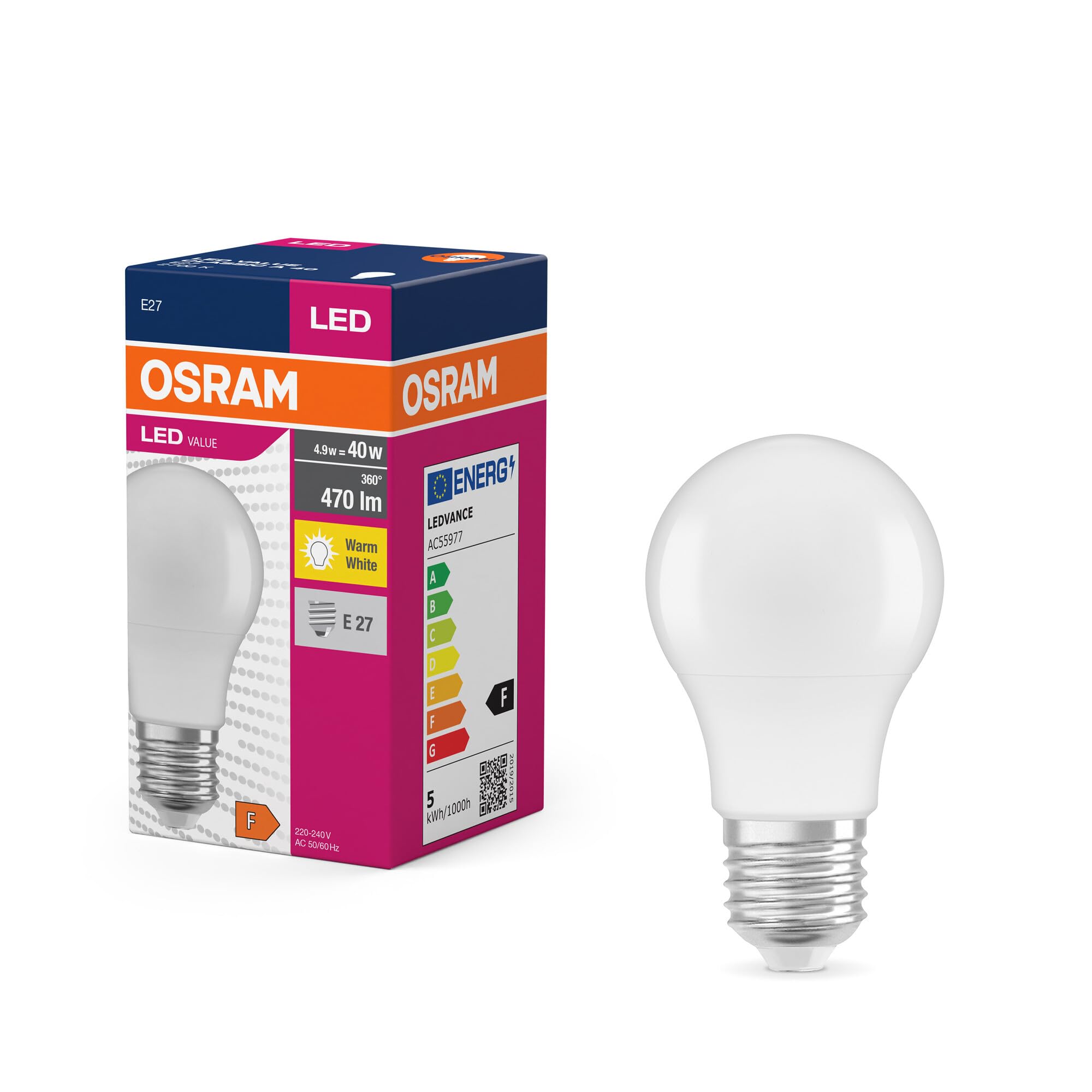 Osram LED Star Value Classic A40 LED-Lampe für E27-Fassung, Birnenform, FR, 470 Lumen, warmweiß (2700K), Ersatz für herkömmliche 40W-Glühlampen, nicht dimmbar